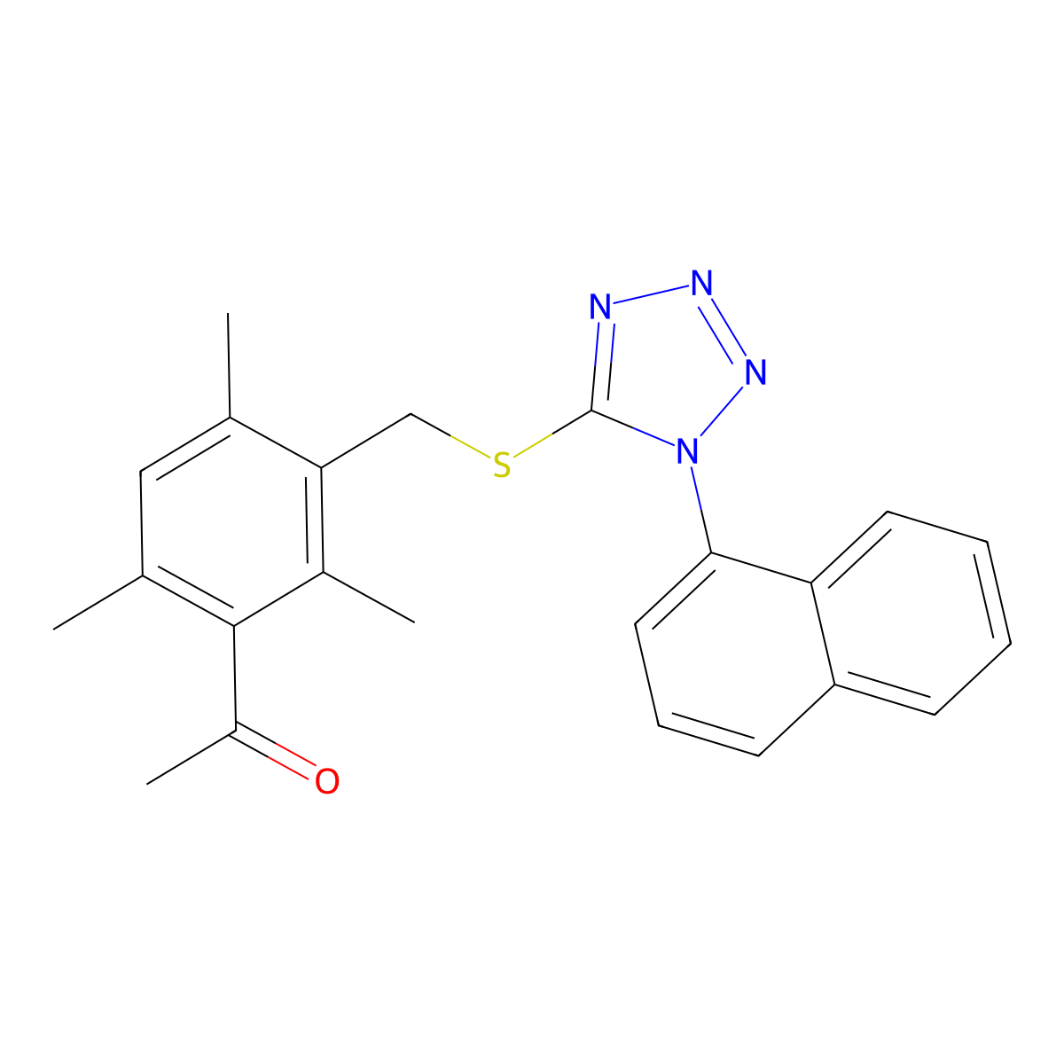 1-(2,4,6-trimethyl-3-(((1-(naphthalen-1-yl)-1H-tetrazol-5-yl)thio)methyl)phenyl)ethanone molecular structure, CAS 346457-36-1