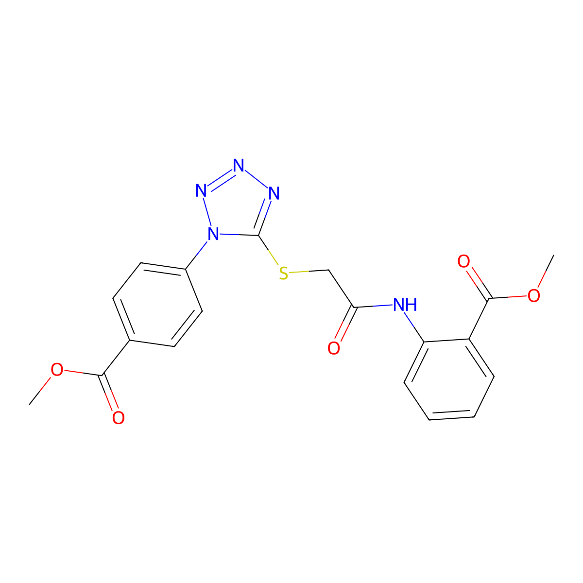 Methyl 2-[[2-[1-(4-methoxycarbonylphenyl)tetrazol-5-yl]sulfanylacetyl]amino]benzoate molecular structure, CAS 346458-64-8