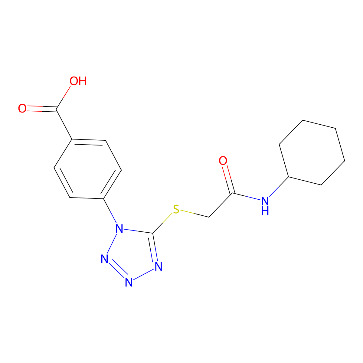 4-(5-Cyclohexylcarbamoylmethylsulfanyl-tetrazol-1-yl)-benzoic acid molecular structure, CAS 346464-88-8