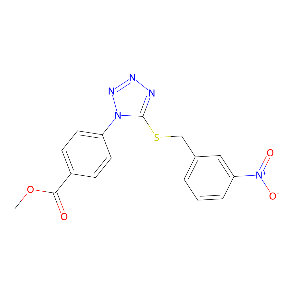 Methyl 4-[5-[(3-nitrophenyl)methylsulfanyl]tetrazol-1-yl]benzoate molecular structure, CAS 346464-93-5