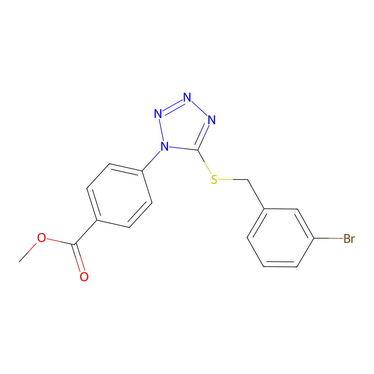 Methyl 4-[5-[(3-bromophenyl)methylsulfanyl]tetrazol-1-yl]benzoate molecular structure, CAS 346464-94-6