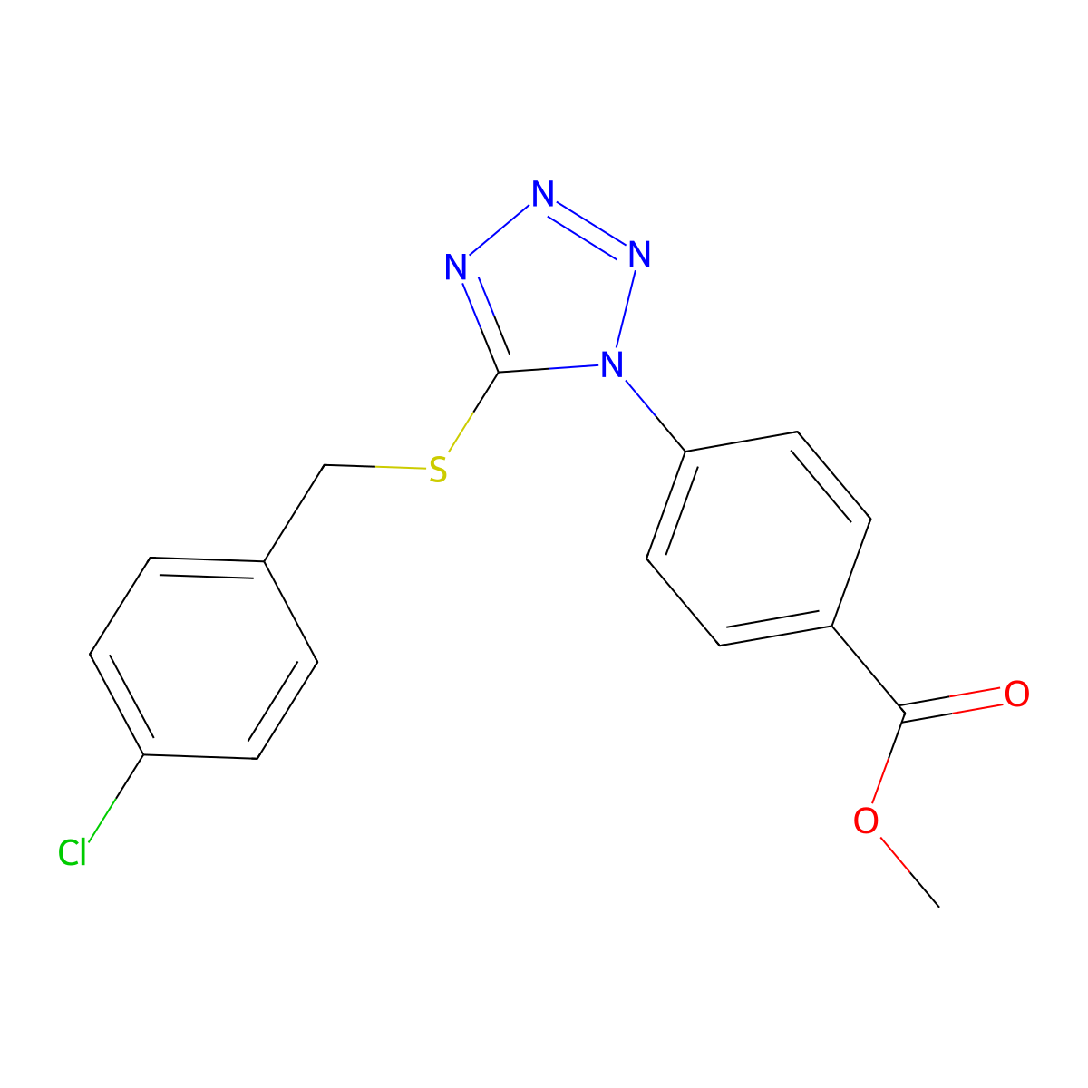 Methyl 4-[5-[(4-chlorophenyl)methylsulfanyl]tetrazol-1-yl]benzoate molecular structure, CAS 346464-96-8