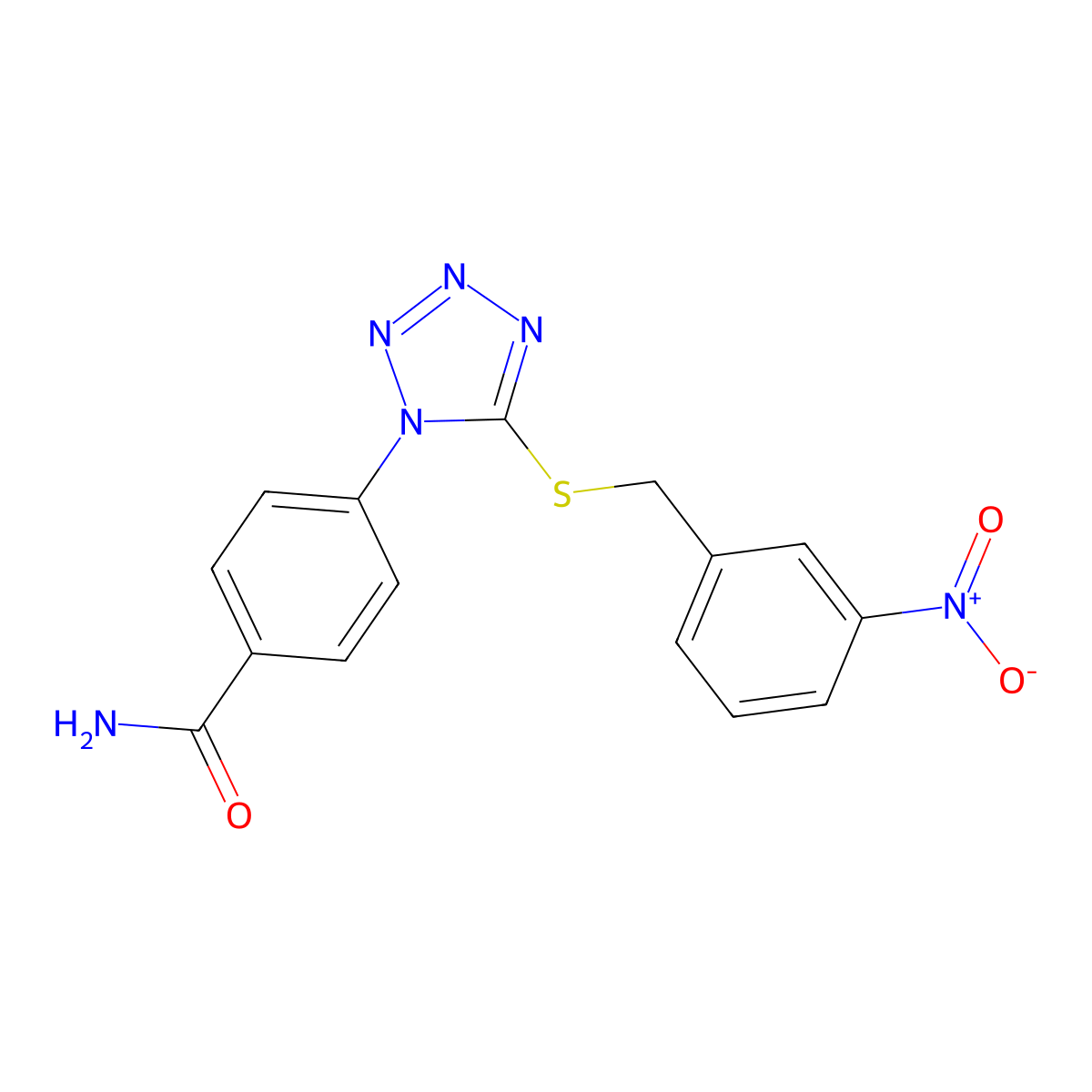 4-[5-[(3-Nitrophenyl)methylsulfanyl]tetrazol-1-yl]benzamide molecular structure, CAS 346465-08-5