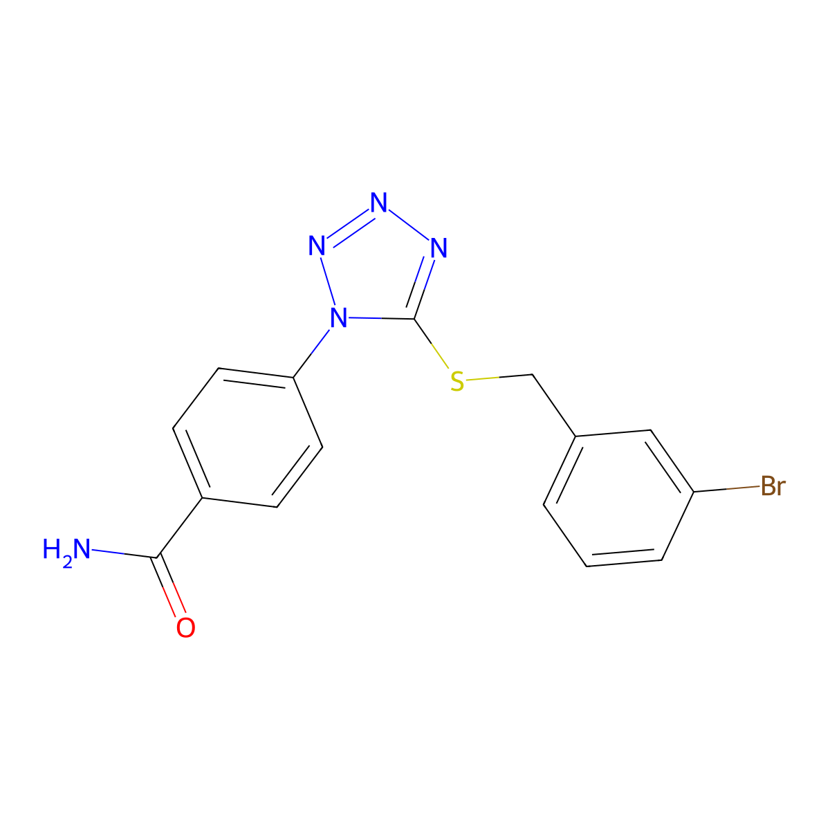 4-[5-[(3-Bromophenyl)methylsulfanyl]tetrazol-1-yl]benzamide molecular structure, CAS 346465-09-6