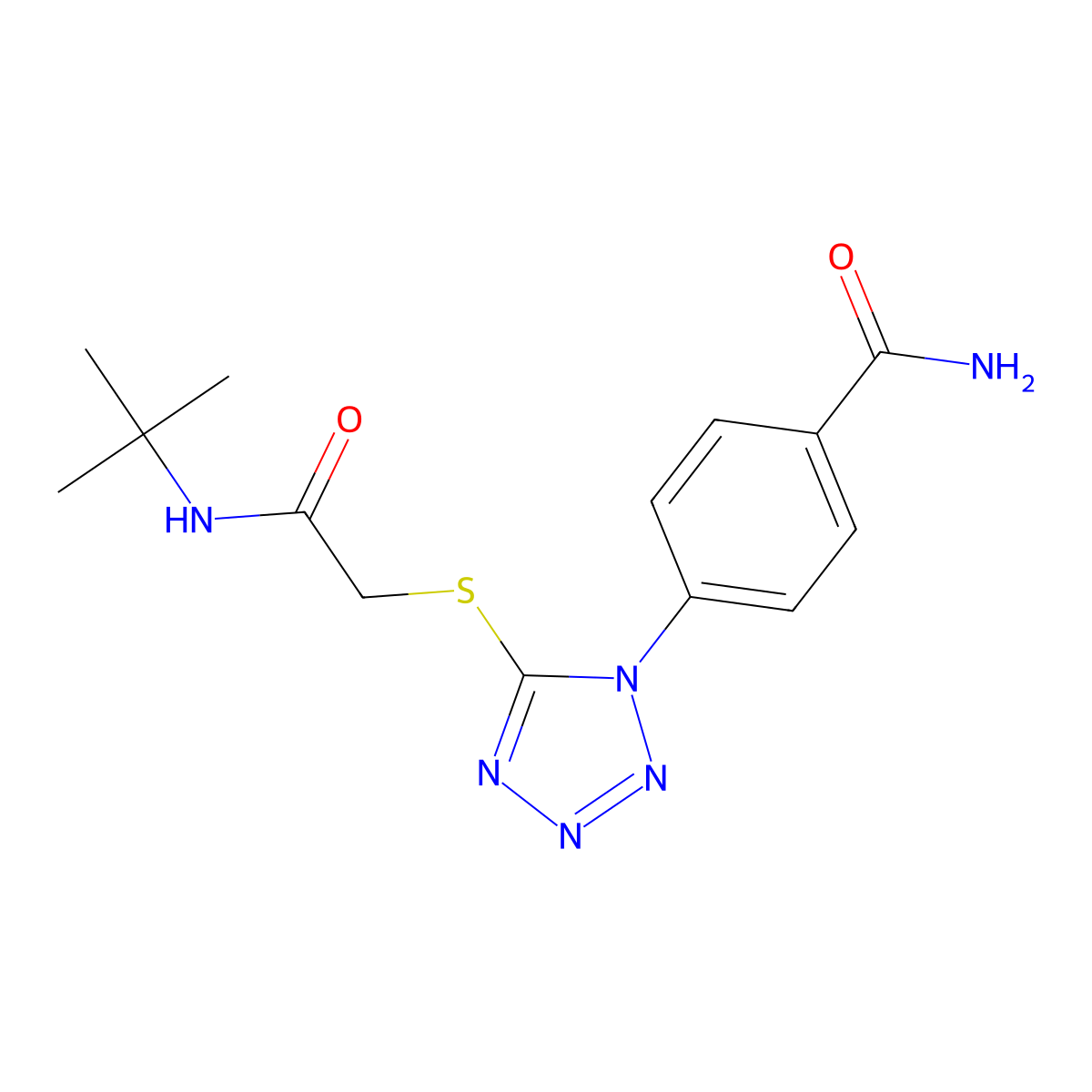 4-[5-[2-(Tert-butylamino)-2-oxoethyl]sulfanyltetrazol-1-yl]benzamide molecular structure, CAS 346465-21-2