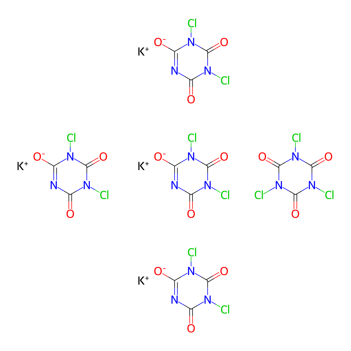 1,3,5-Triazine-2,4,6(1H,3H,5H)-trione, 1,3,5-trichloro-, compd. with 1,3-dichloro-1,3,5-triazine-2,4,6(1H,3H,5H)-trione potassium salt (1:4) molecular structure, CAS 34651-95-1