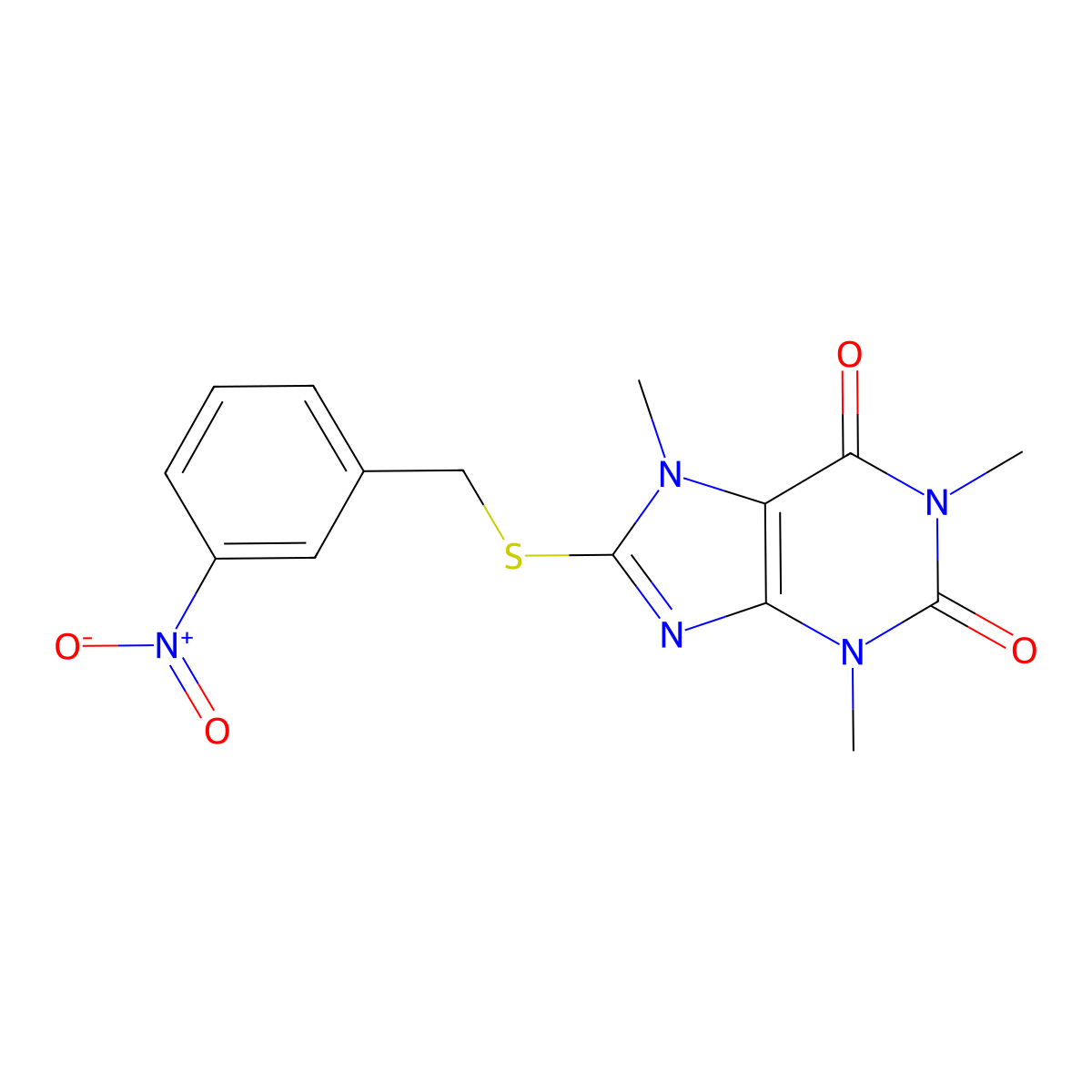 1,3,7-Trimethyl-8-[(3-nitrophenyl)methylsulfanyl]purine-2,6-dione molecular structure, CAS 346579-25-7