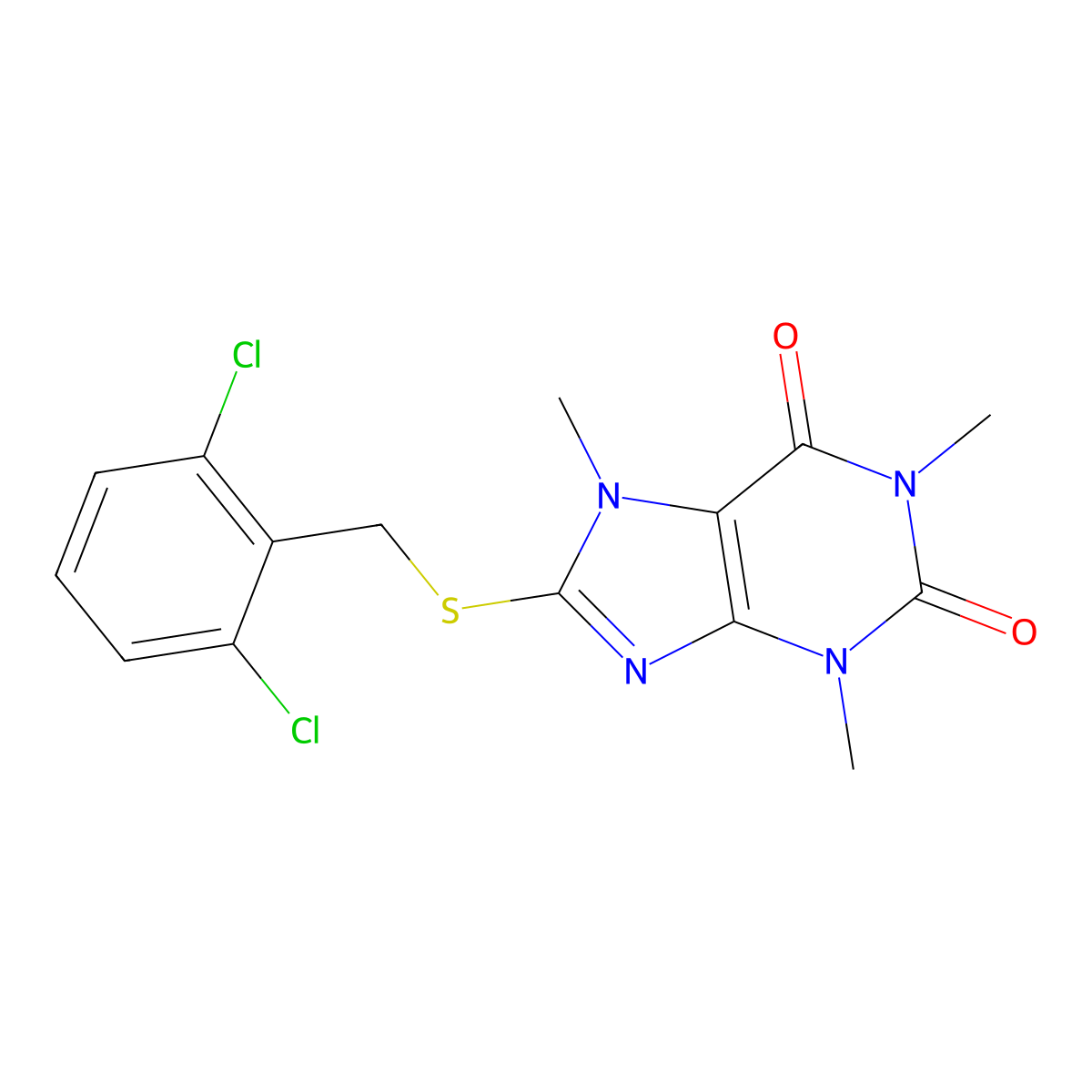 8-[(2,6-Dichlorophenyl)methylsulfanyl]-1,3,7-trimethylpurine-2,6-dione molecular structure, CAS 346579-34-8