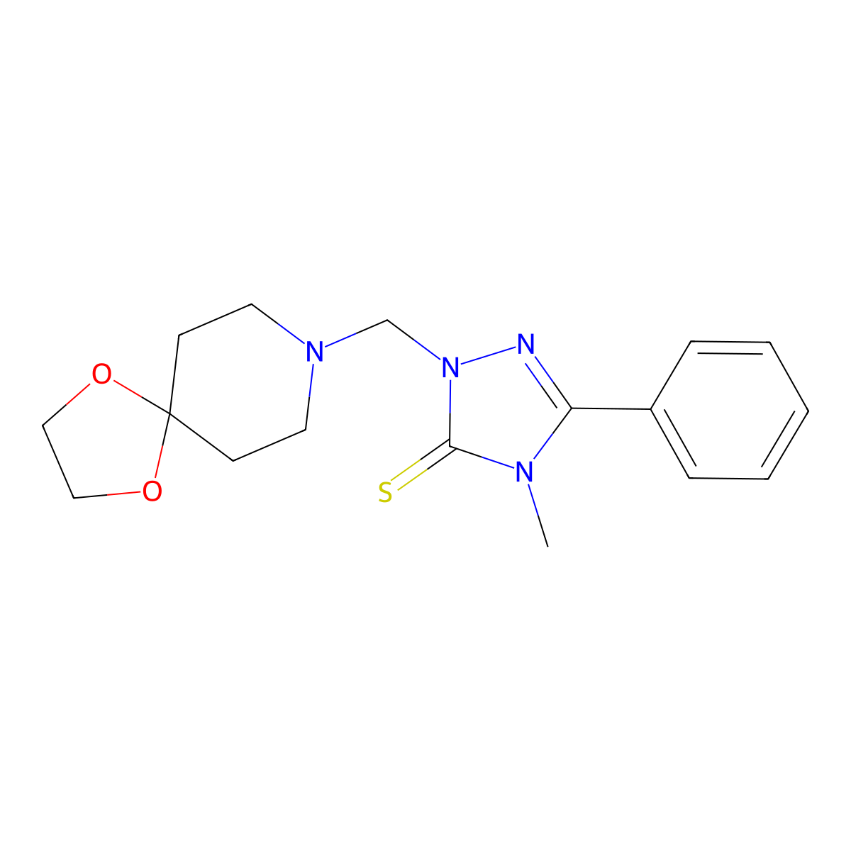 2-(1,4-Dioxa-8-azaspiro[4.5]dec-8-ylmethyl)-4-methyl-5-phenyl-2,4-dihydro-3H-1,2,4-triazole-3-thione molecular structure, CAS 346596-67-6