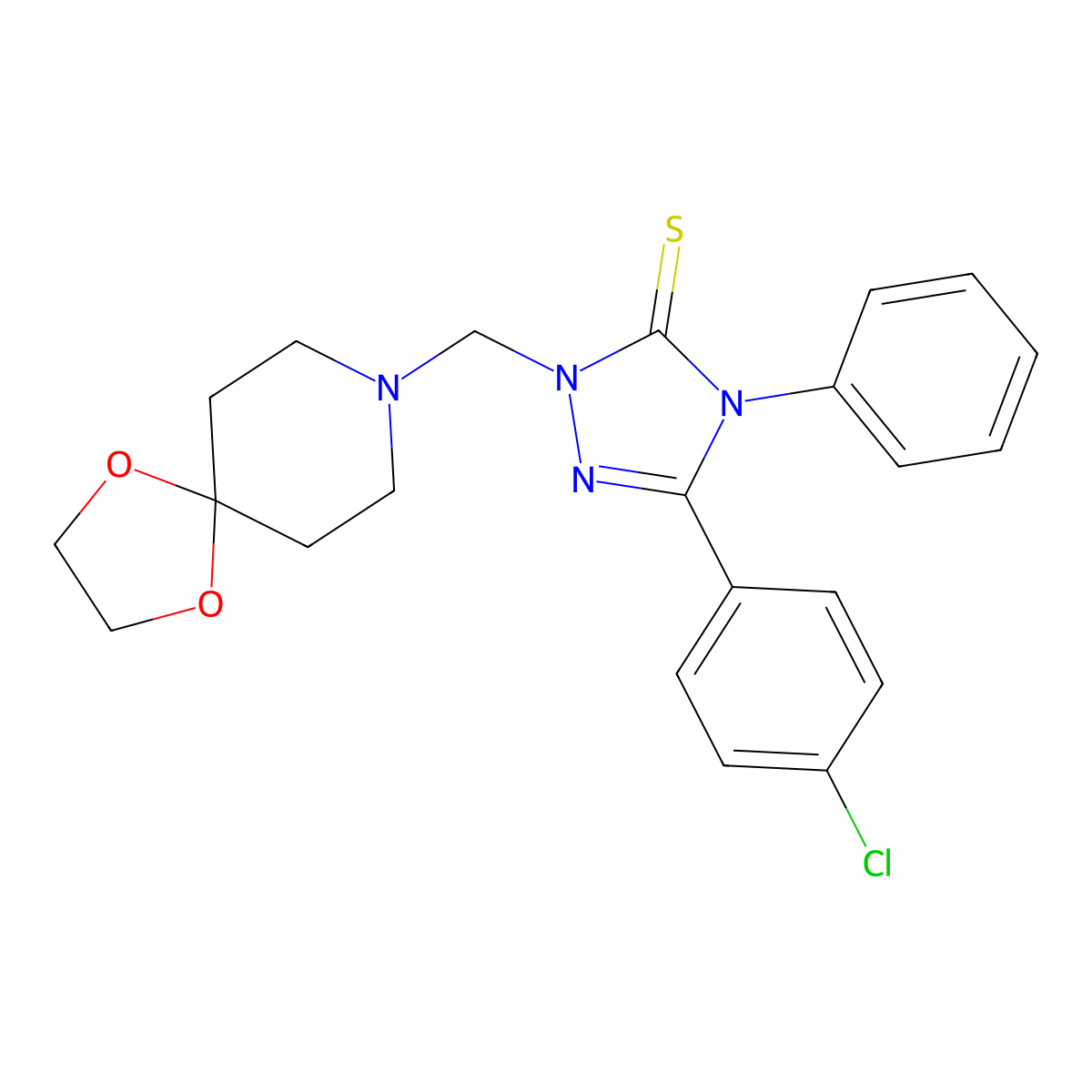5-(4-chlorophenyl)-2-(1,4-dioxa-8-azaspiro[4.5]dec-8-ylmethyl)-4-phenyl-2,4-dihydro-3H-1,2,4-triazole-3-thione molecular structure, CAS 346596-70-1