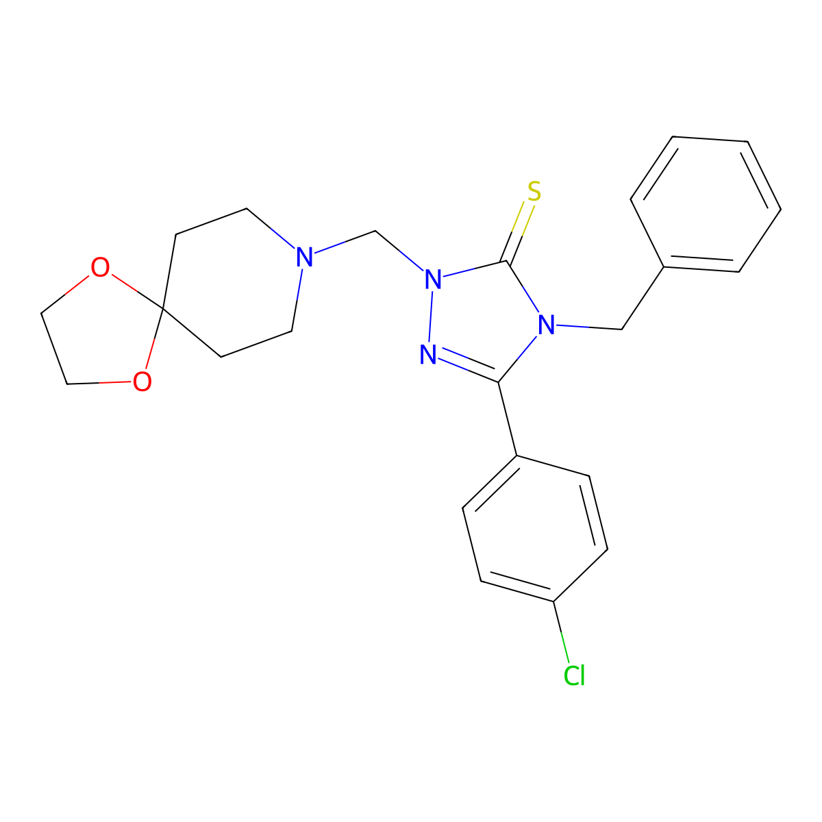 4-Benzyl-5-(4-chlorophenyl)-2-(1,4-dioxa-8-azaspiro[4.5]decan-8-ylmethyl)-1,2,4-triazole-3-thione molecular structure, CAS 346596-83-6