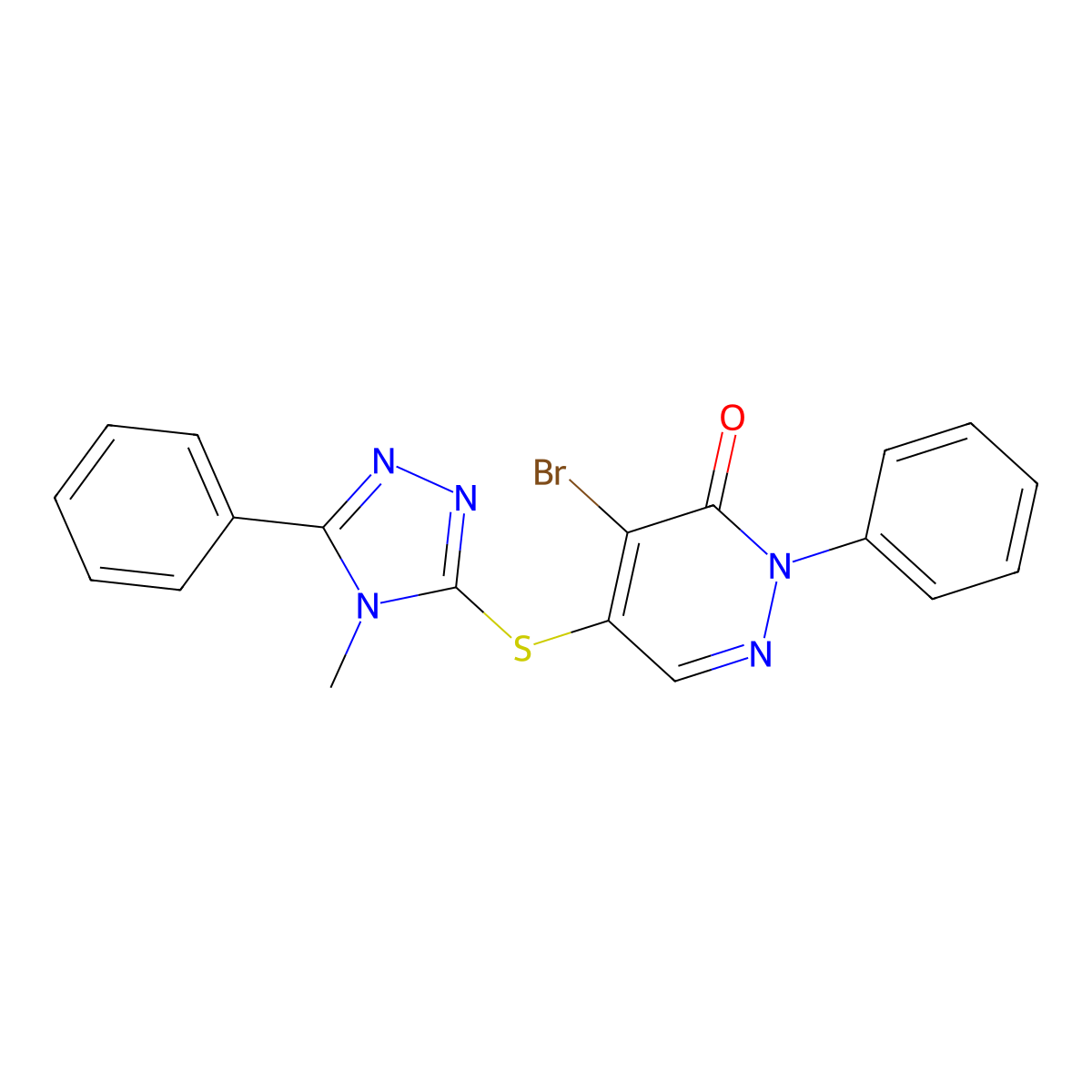 4-Bromo-5-[(4-methyl-5-phenyl-1,2,4-triazol-3-yl)sulfanyl]-2-phenylpyridazin-3-one molecular structure, CAS 346596-90-5