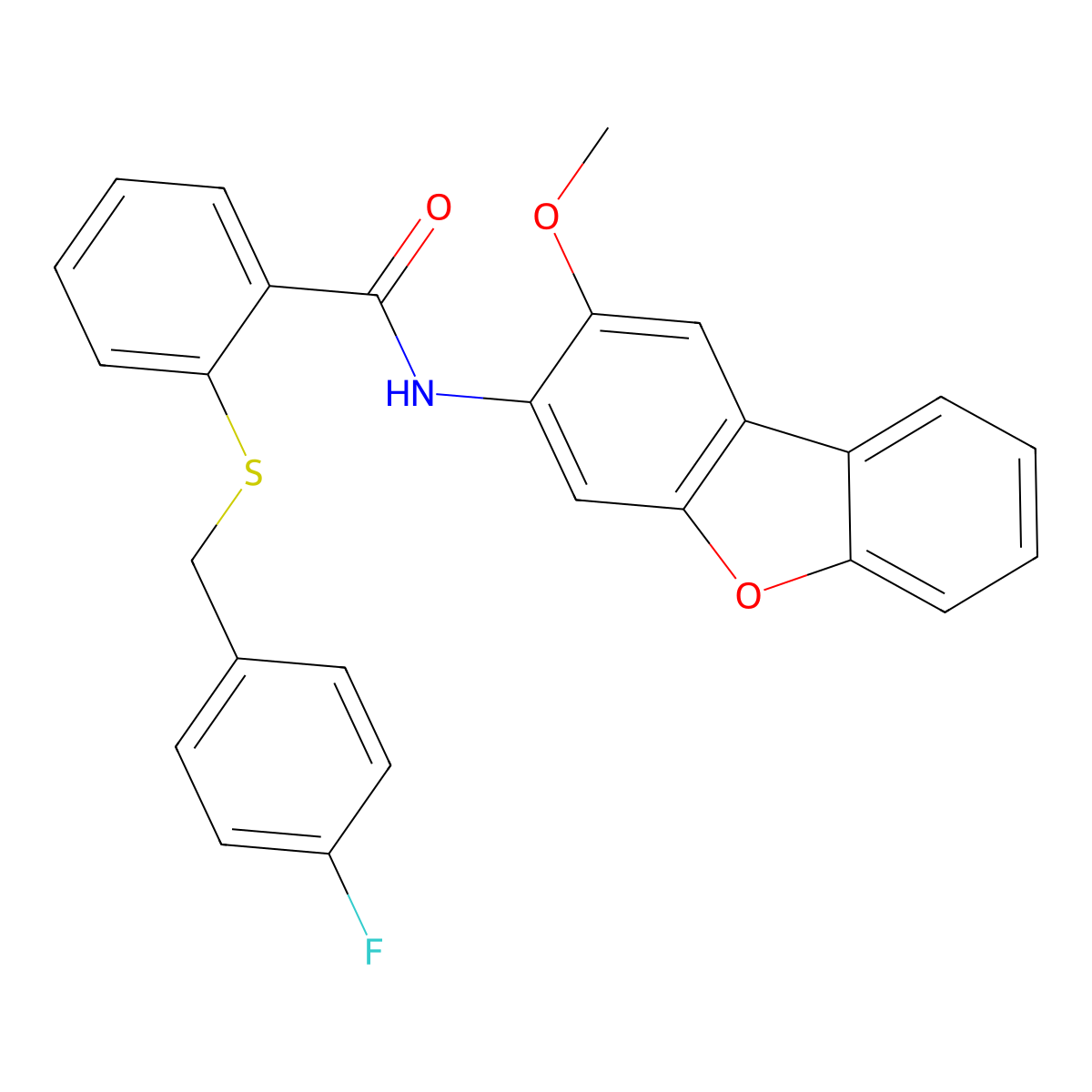2-[(4-fluorophenyl)methylsulfanyl]-N-(2-methoxydibenzofuran-3-yl)benzamide molecular structure, CAS 346597-16-8