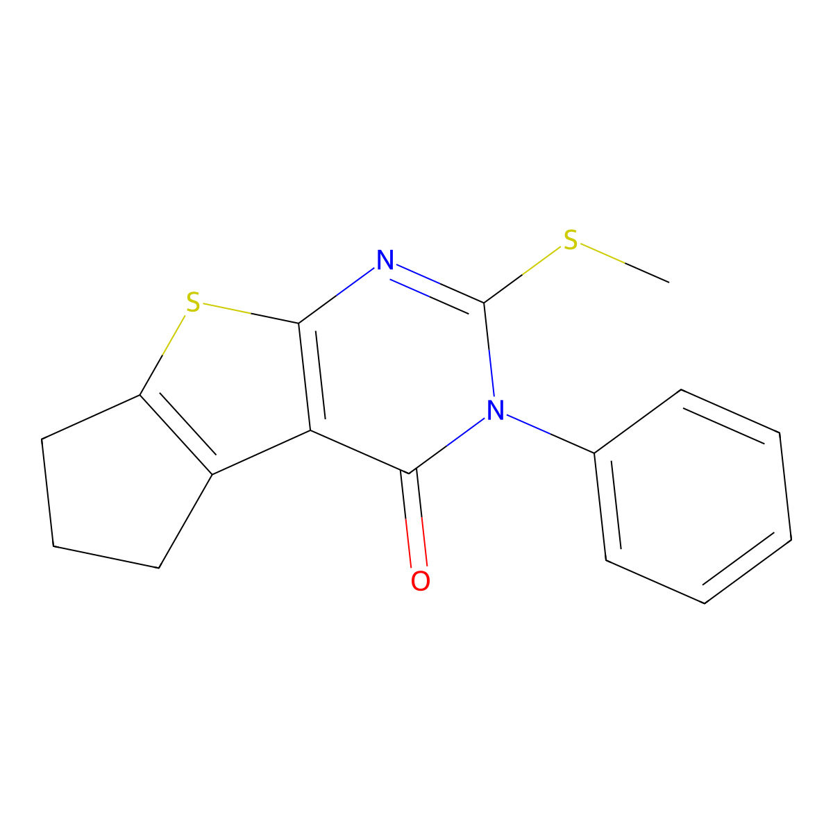 2-(methylsulfanyl)-3-phenyl-3,5,6,7-tetrahydro-4H-cyclopenta[4,5]thieno[2,3-d]pyrimidin-4-one molecular structure, CAS 346638-45-7