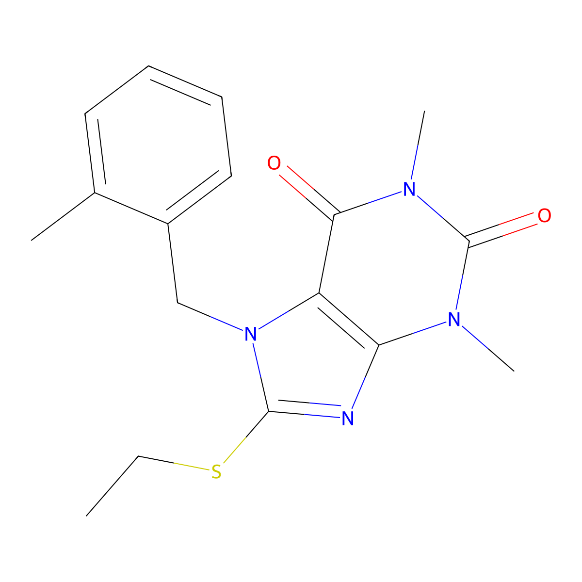 8-(ethylsulfanyl)-1,3-dimethyl-7-(2-methylbenzyl)-3,7-dihydro-1H-purine-2,6-dione molecular structure, CAS 346660-31-9