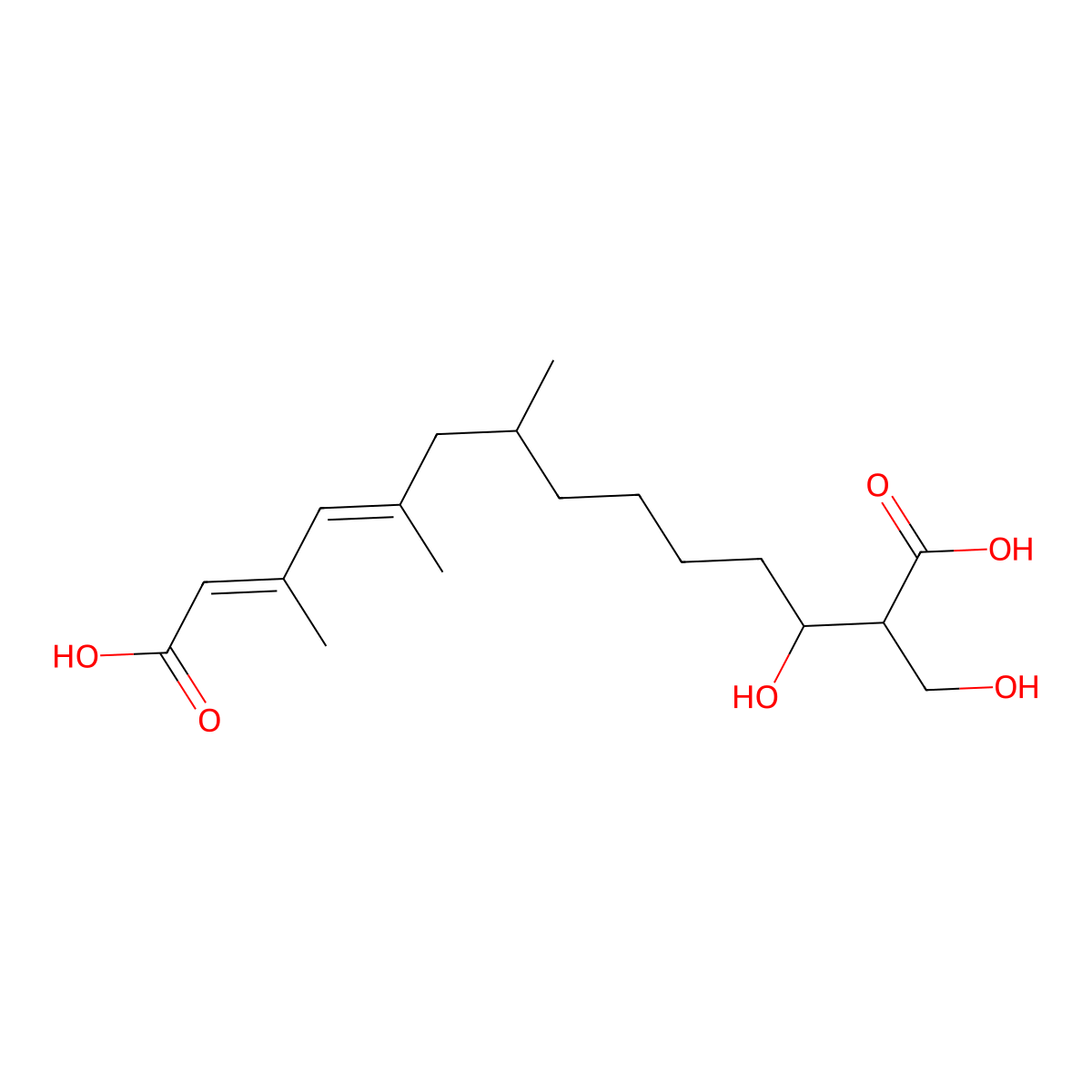 12-Hydroxy-13-(hydroxymethyl)-3,5,7-trimethyl-2,4-tetradecadienedioic acid molecular structure, CAS 34668-61-6