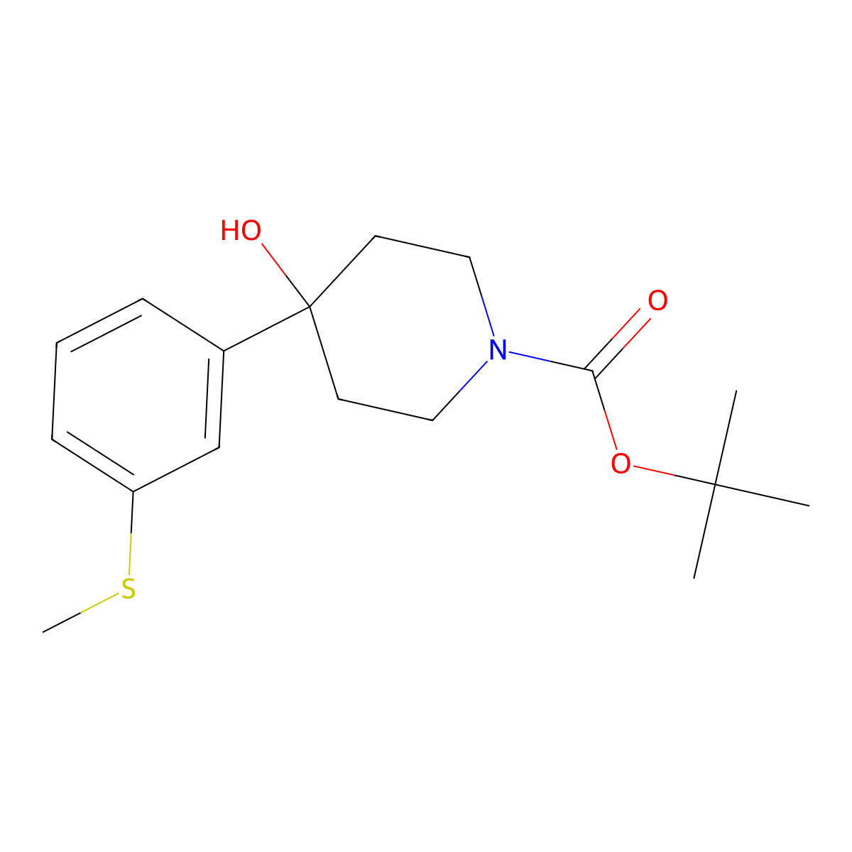 4-Hydroxy-4-(3-methylsulfanylphenyl)-piperidin-1-carboxylic acid tert-butyl ester molecular structure, CAS 346688-66-2