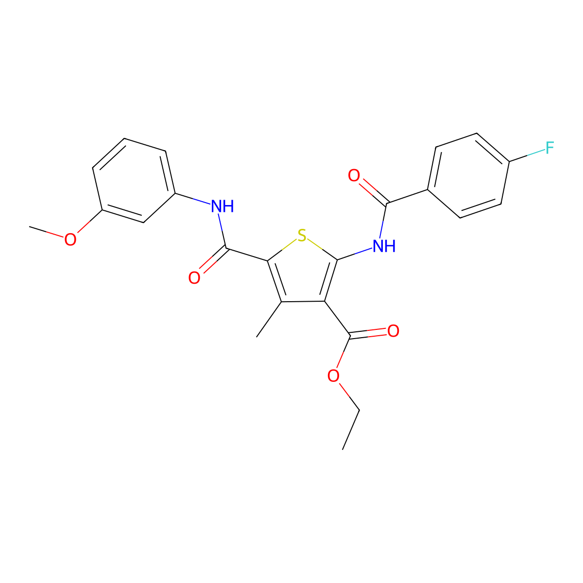 Ethyl 2-{[(4-fluorophenyl)carbonyl]amino}-5-[(3-methoxyphenyl)carbamoyl]-4-methylthiophene-3-carboxylate molecular structure, CAS 346713-45-9