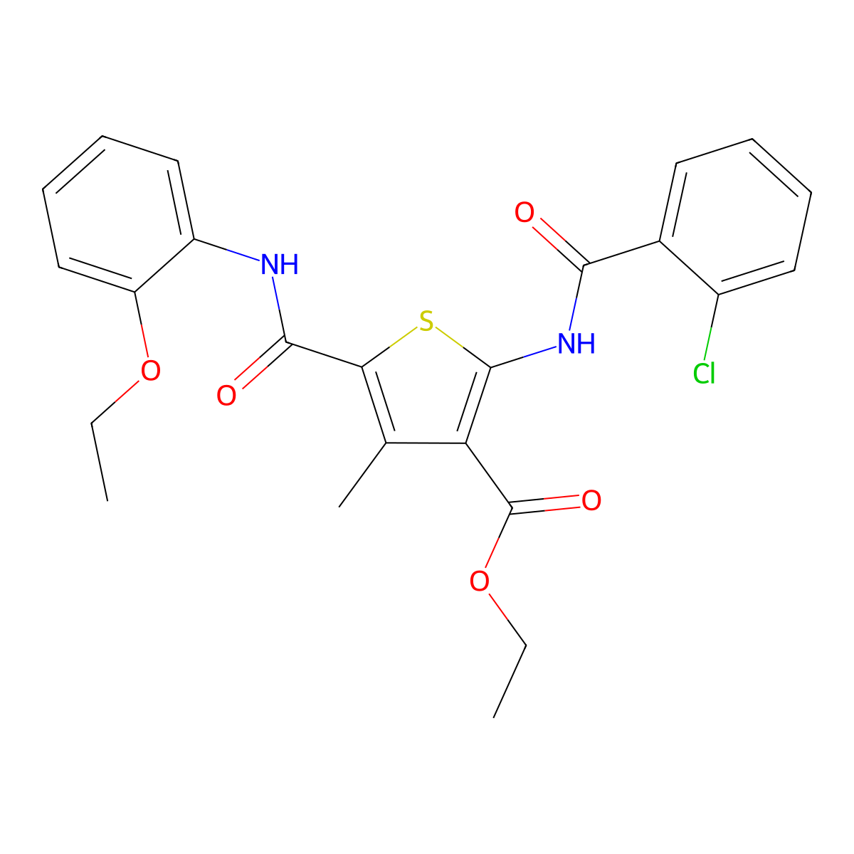 Ethyl 2-[(2-chlorobenzoyl)amino]-5-[(2-ethoxyanilino)carbonyl]-4-methylthiophene-3-carboxylate molecular structure, CAS 346714-33-8