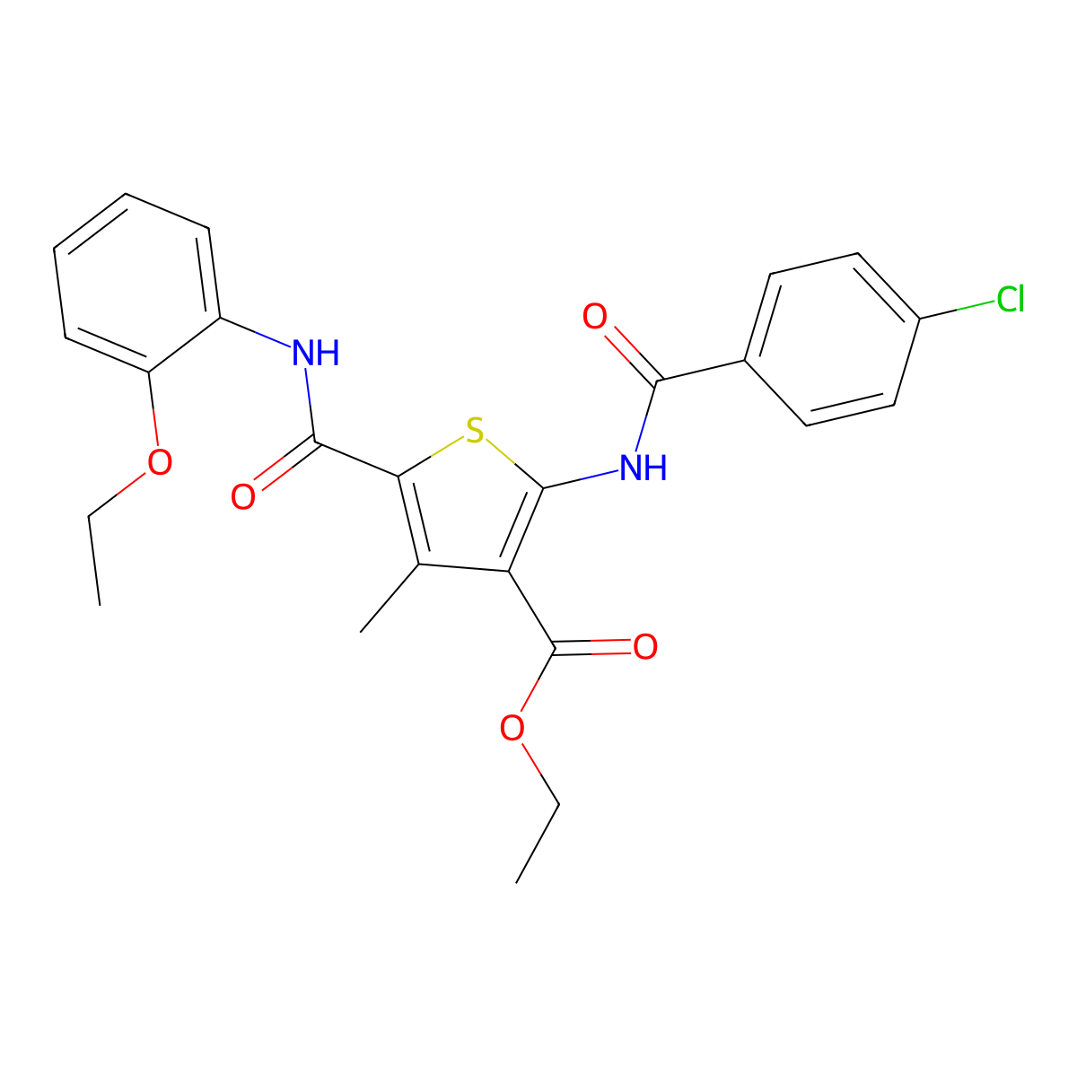 Ethyl 2-{[(4-chlorophenyl)carbonyl]amino}-5-[(2-ethoxyphenyl)carbamoyl]-4-methylthiophene-3-carboxylate molecular structure, CAS 346714-35-0