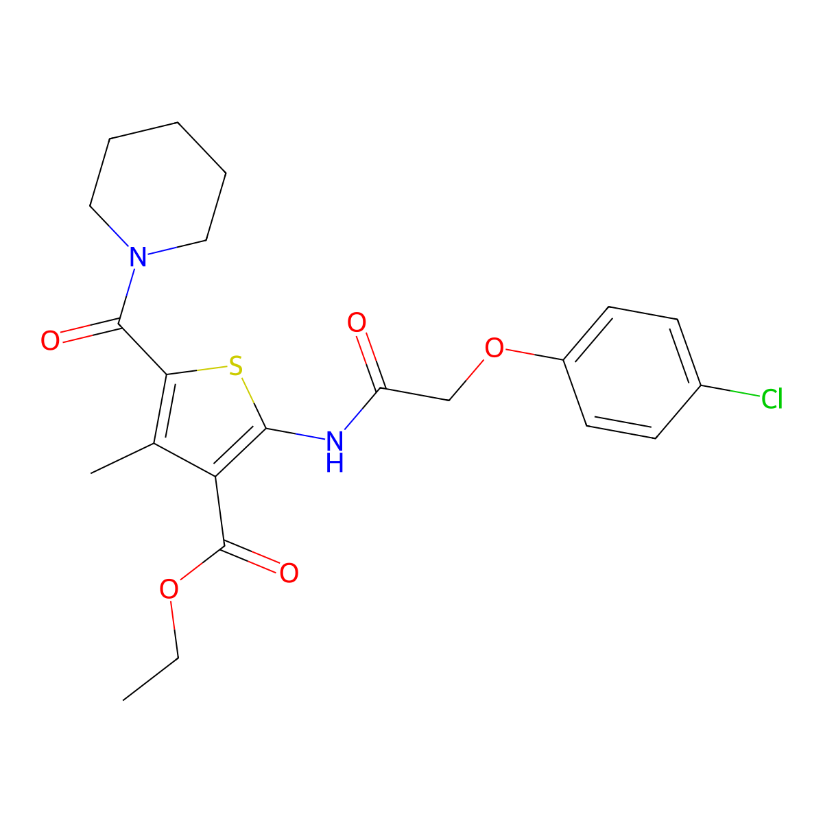 Ethyl 2-{[(4-chlorophenoxy)acetyl]amino}-4-methyl-5-(piperidin-1-ylcarbonyl)thiophene-3-carboxylate molecular structure, CAS 346714-52-1