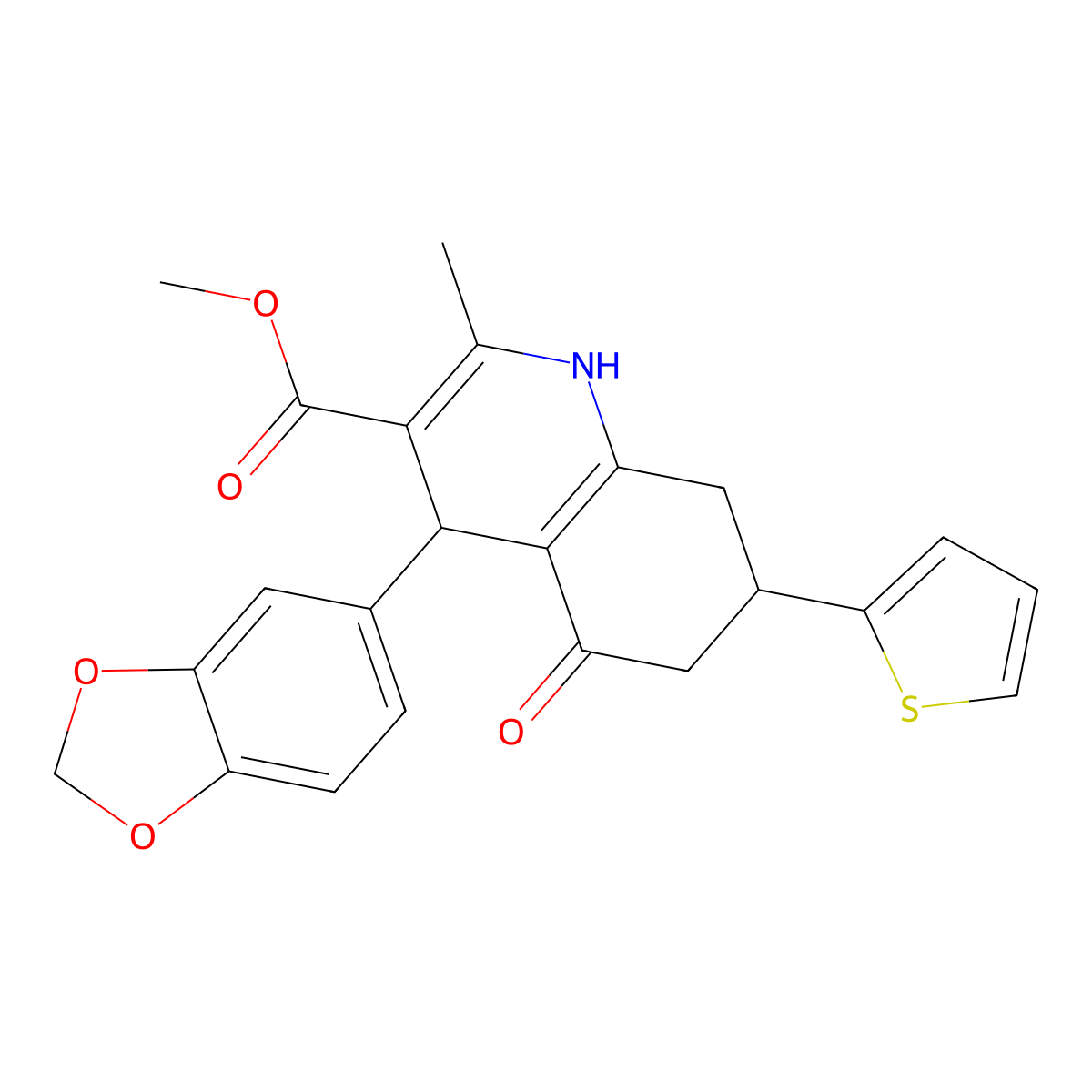 Methyl 4-(1,3-benzodioxol-5-yl)-2-methyl-5-oxo-7-(thiophen-2-yl)-1,4,5,6,7,8-hexahydroquinoline-3-carboxylate molecular structure, CAS 346714-85-0