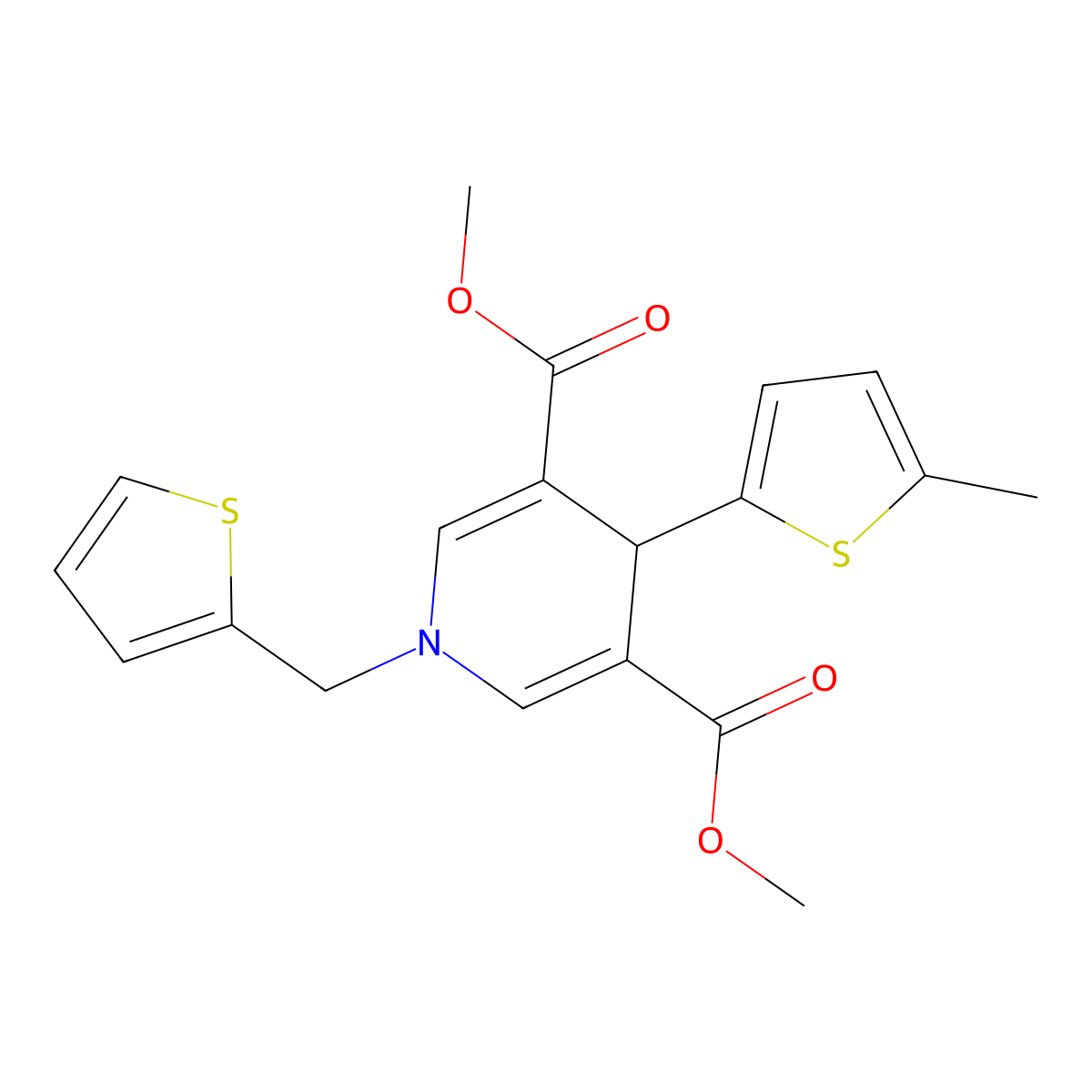 Dimethyl 4-(5-methylthiophen-2-yl)-1-(thiophen-2-ylmethyl)-1,4-dihydropyridine-3,5-dicarboxylate molecular structure, CAS 346714-89-4