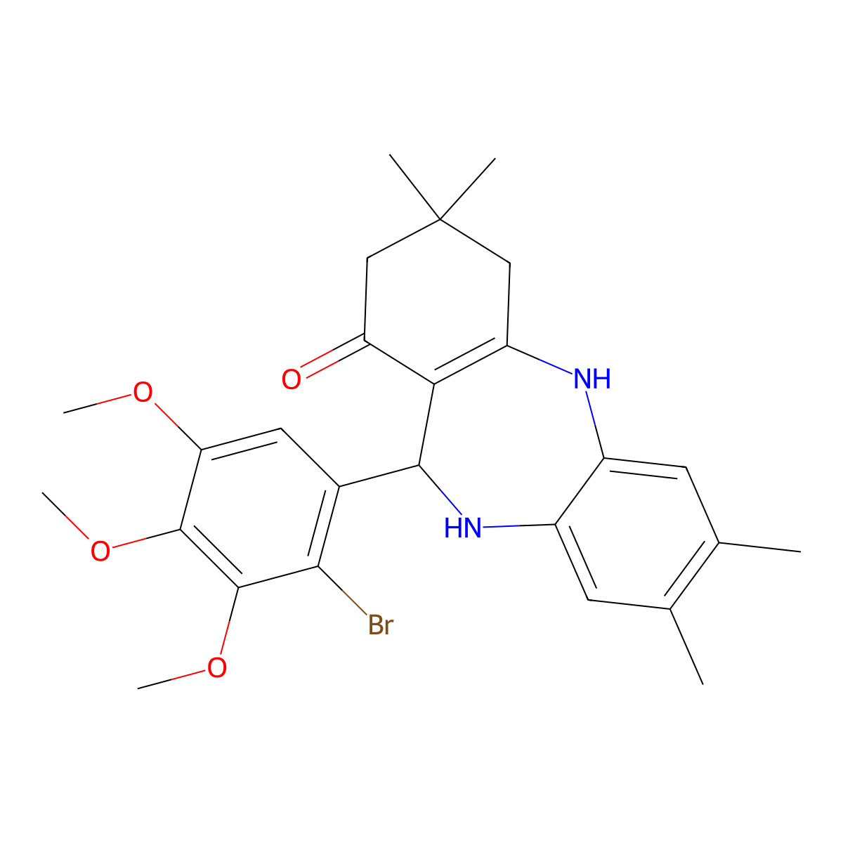6-(2-bromo-3,4,5-trimethoxyphenyl)-2,3,9,9-tetramethyl-6,8,10,11-tetrahydro-5H-benzo[b][1,4]benzodiazepin-7-one molecular structure, CAS 346714-98-5