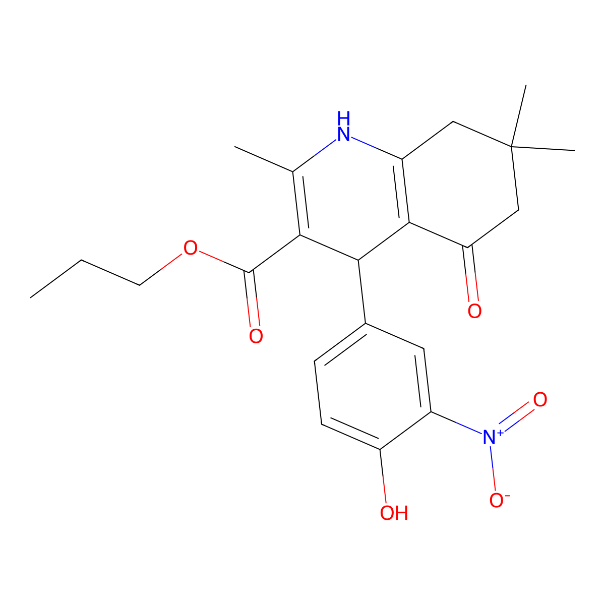 Propyl 4-(4-hydroxy-3-nitrophenyl)-2,7,7-trimethyl-5-oxo-1,4,5,6,7,8-hexahydroquinoline-3-carboxylate molecular structure, CAS 346715-07-9