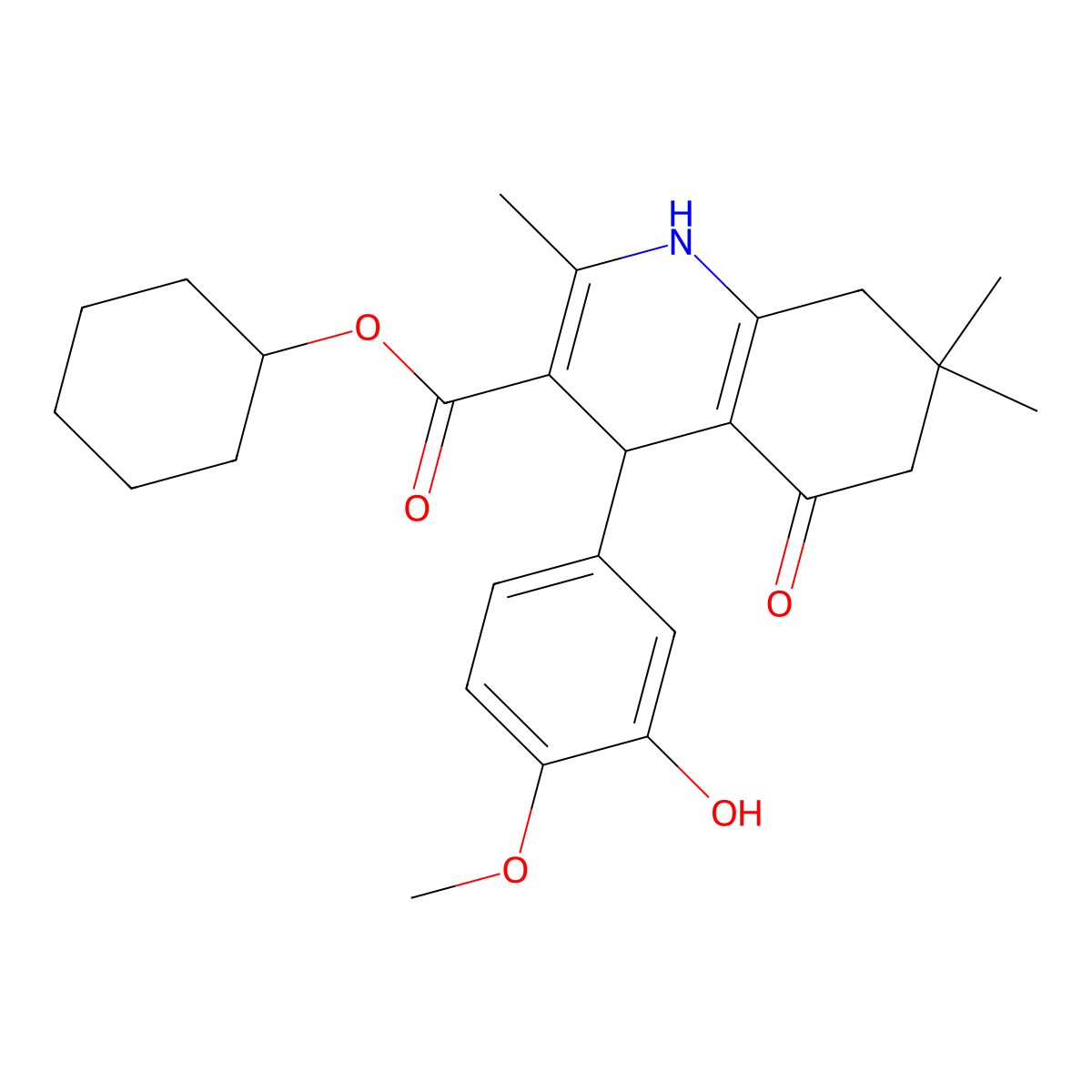 Cyclohexyl 4-(3-hydroxy-4-methoxyphenyl)-2,7,7-trimethyl-5-oxo-1,4,5,6,7,8-hexahydroquinoline-3-carboxylate molecular structure, CAS 346716-14-1