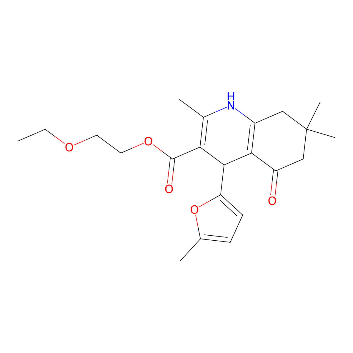2-Ethoxyethyl 2,7,7-trimethyl-4-(5-methylfuran-2-yl)-5-oxo-1,4,5,6,7,8-hexahydroquinoline-3-carboxylate molecular structure, CAS 346716-15-2