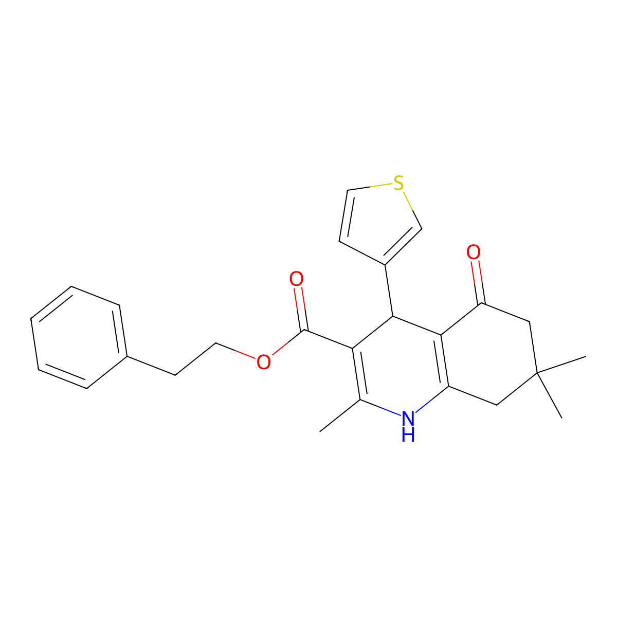 2-Phenylethyl 2,7,7-trimethyl-5-oxo-4-(thiophen-3-yl)-1,4,5,6,7,8-hexahydroquinoline-3-carboxylate molecular structure, CAS 346716-32-3