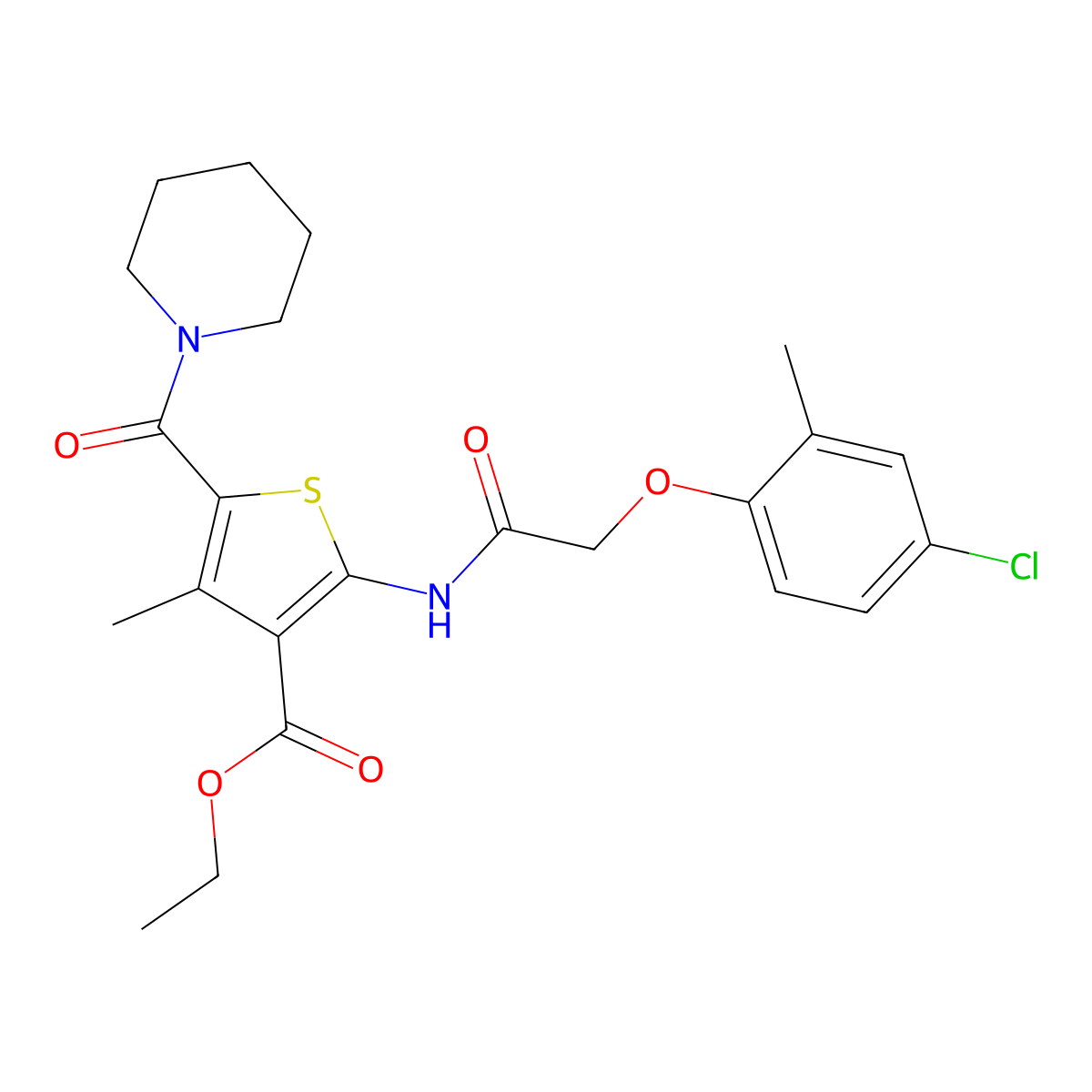 Ethyl 2-{[(4-chloro-2-methylphenoxy)acetyl]amino}-4-methyl-5-(piperidin-1-ylcarbonyl)thiophene-3-carboxylate molecular structure, CAS 346716-41-4