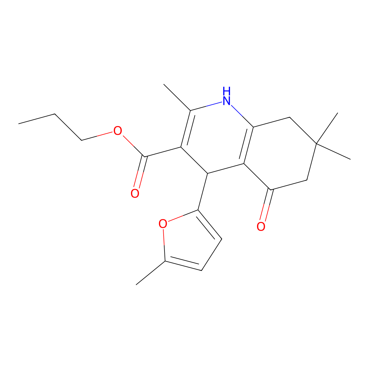 Propyl 2,7,7-trimethyl-4-(5-methylfuran-2-yl)-5-oxo-1,4,5,6,7,8-hexahydroquinoline-3-carboxylate molecular structure, CAS 346716-82-3