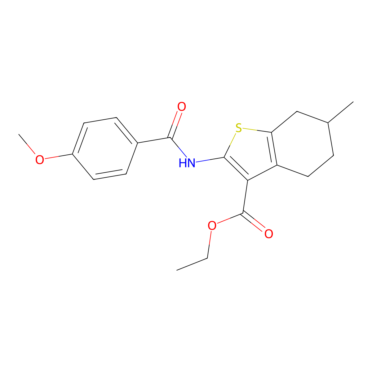 Ethyl 2-{[(4-methoxyphenyl)carbonyl]amino}-6-methyl-4,5,6,7-tetrahydro-1-benzothiophene-3-carboxylate molecular structure, CAS 346720-82-9