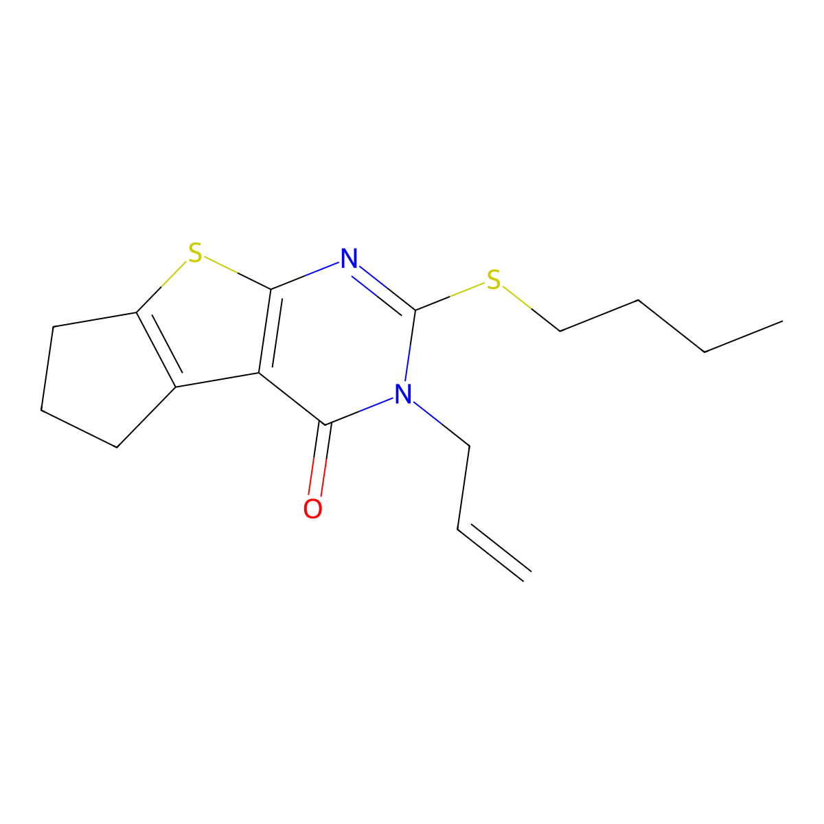 3-butylsulfanyl-2-prop-2-enyl-7,8-dihydro-6H-cyclopenta[2,3]thieno[2,4-b]pyrimidin-1-one molecular structure, CAS 346727-44-4