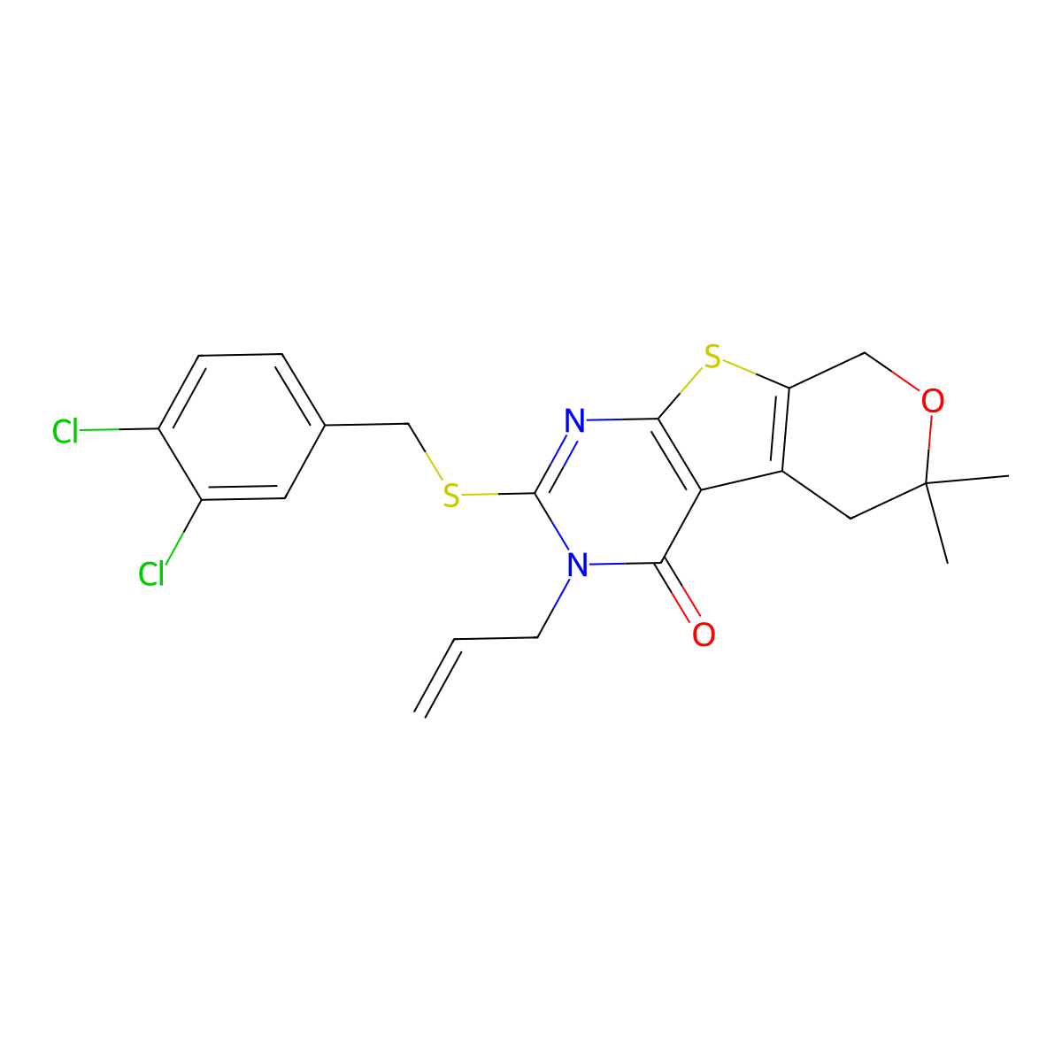 3-allyl-2-[(3,4-dichlorobenzyl)sulfanyl]-6,6-dimethyl-3,5,6,8-tetrahydro-4H-pyrano[4',3':4,5]thieno[2,3-d]pyrimidin-4-one molecular structure, CAS 346727-50-2