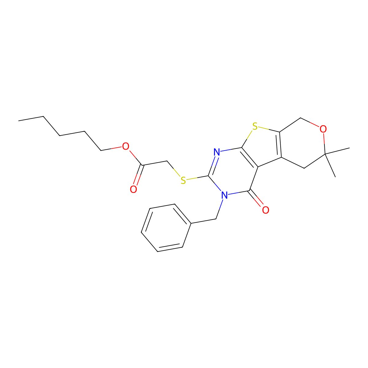 pentyl [(3-benzyl-6,6-dimethyl-4-oxo-3,5,6,8-tetrahydro-4H-pyrano[4',3':4,5]thieno[2,3-d]pyrimidin-2-yl)sulfanyl]acetate molecular structure, CAS 346727-51-3