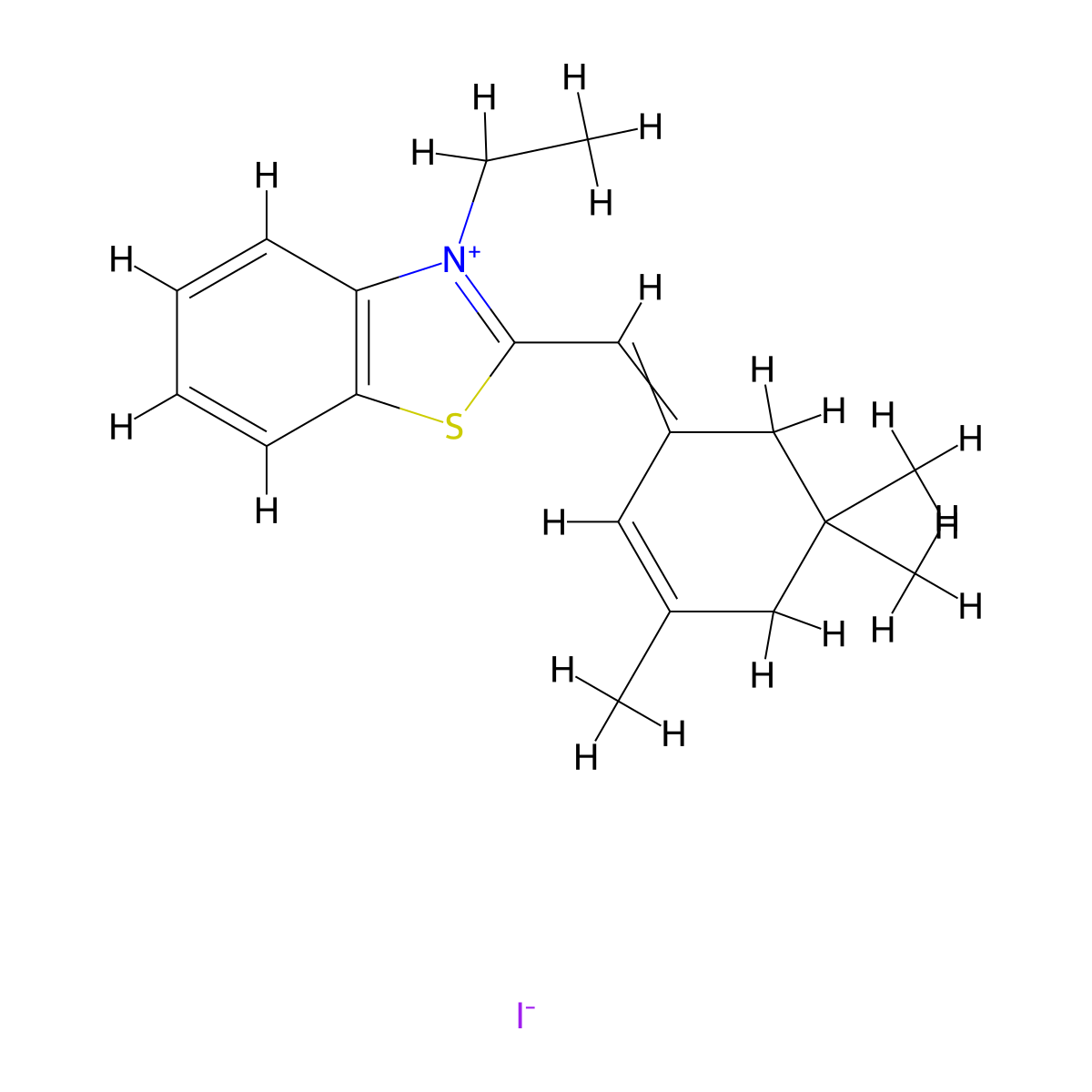 Benzothiazolium, 3-ethyl-2-((3,5,5-trimethyl-2-cyclohexen-1-ylidene)methyl)-, iodide (1:1) molecular structure, CAS 34685-93-3
