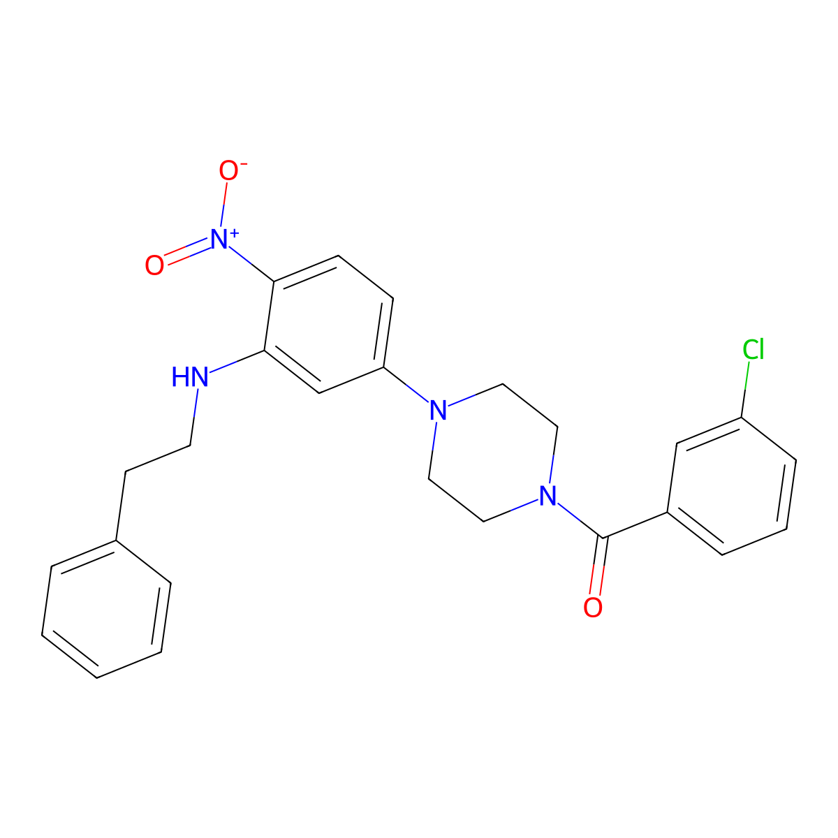 (3-Chlorophenyl)(4-{4-nitro-3-[(2-phenylethyl)amino]phenyl}piperazin-1-yl)methanone molecular structure, CAS 347311-54-0