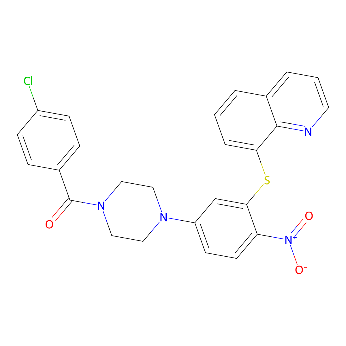 (4-Chlorophenyl)-[4-(4-nitro-3-quinolin-8-ylsulfanylphenyl)piperazin-1-yl]methanone molecular structure, CAS 347311-55-1
