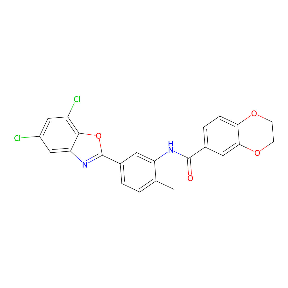 N-[5-(5,7-dichloro-1,3-benzoxazol-2-yl)-2-methylphenyl]-2,3-dihydro-1,4-benzodioxine-6-carboxamide molecular structure, CAS 347312-27-0
