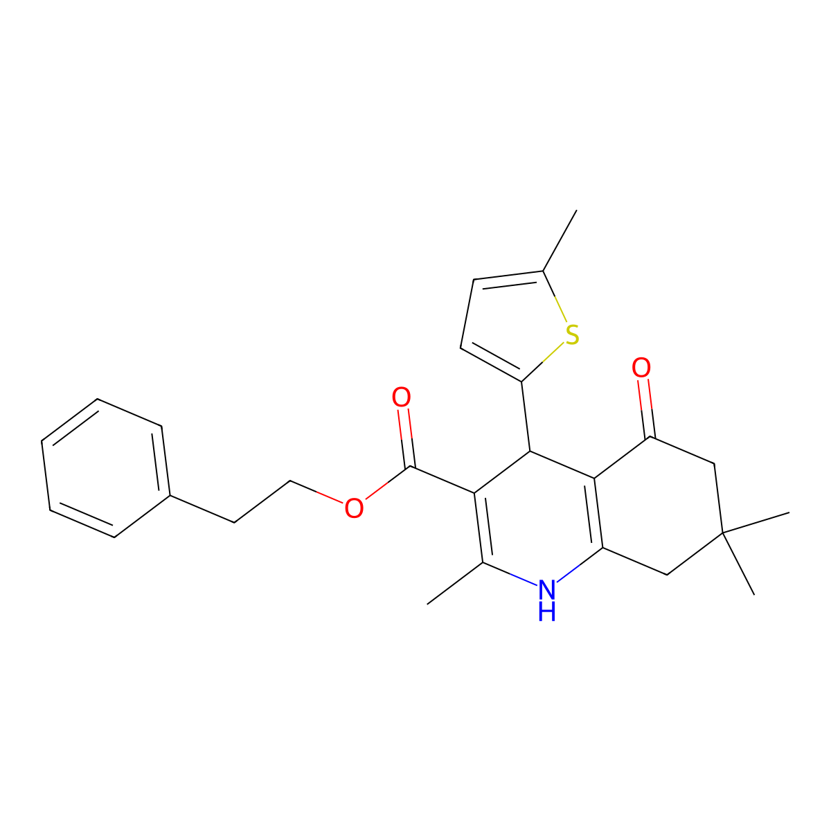 2-Phenylethyl 2,7,7-trimethyl-4-(5-methylthiophen-2-yl)-5-oxo-1,4,5,6,7,8-hexahydroquinoline-3-carboxylate molecular structure, CAS 347312-54-3