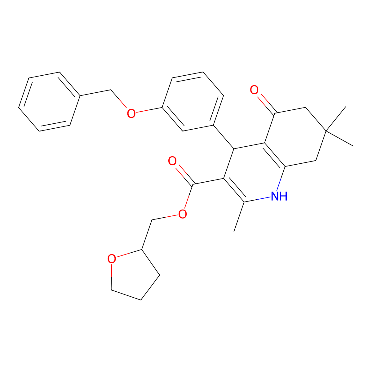 Tetrahydrofuran-2-ylmethyl 4-[3-(benzyloxy)phenyl]-2,7,7-trimethyl-5-oxo-1,4,5,6,7,8-hexahydroquinoline-3-carboxylate molecular structure, CAS 347314-68-5