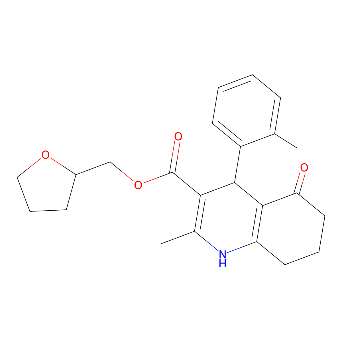 Tetrahydrofuran-2-ylmethyl 2-methyl-4-(2-methylphenyl)-5-oxo-1,4,5,6,7,8-hexahydroquinoline-3-carboxylate molecular structure, CAS 347315-30-4