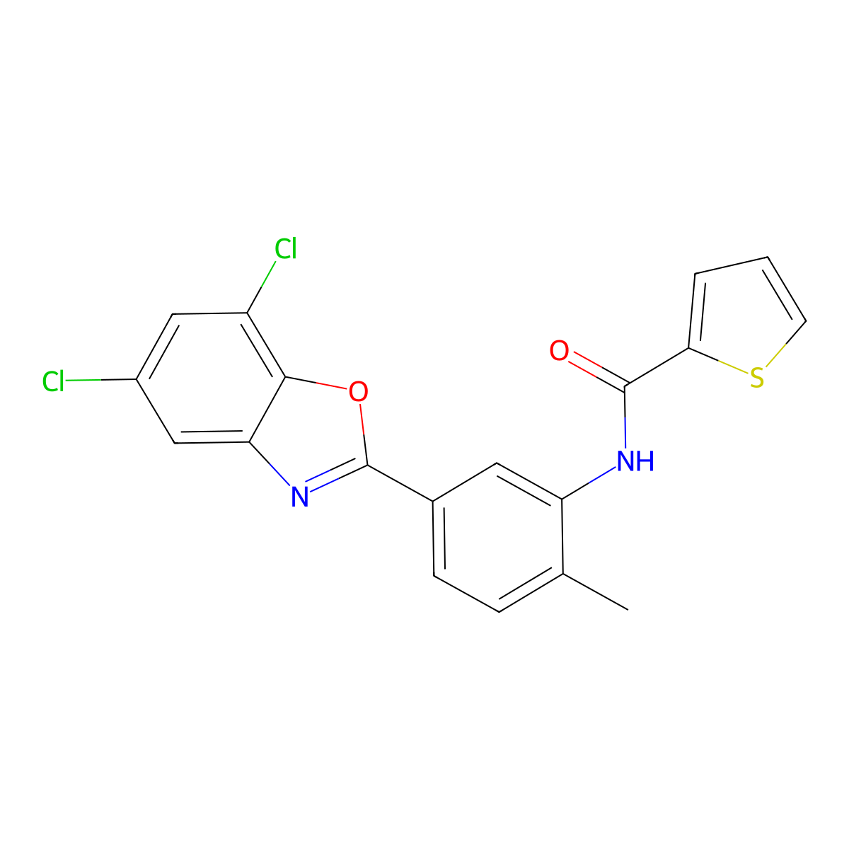 N-[5-(5,7-dichloro-1,3-benzoxazol-2-yl)-2-methylphenyl]thiophene-2-carboxamide molecular structure, CAS 347315-54-2