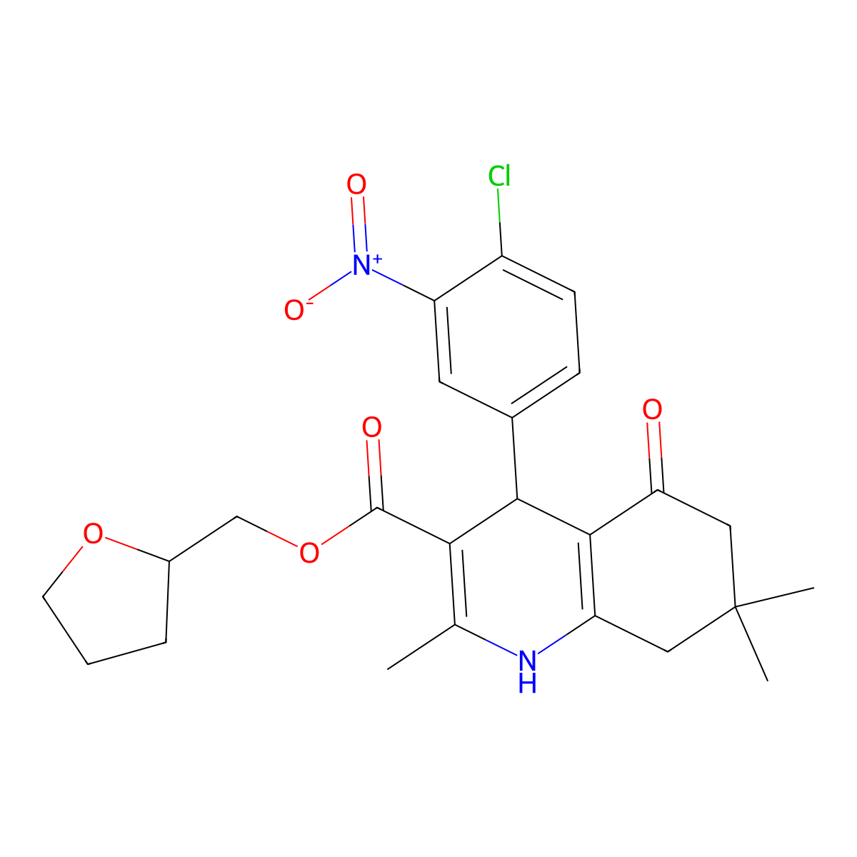 Tetrahydrofuran-2-ylmethyl 4-(4-chloro-3-nitrophenyl)-2,7,7-trimethyl-5-oxo-1,4,5,6,7,8-hexahydroquinoline-3-carboxylate molecular structure, CAS 347315-62-2