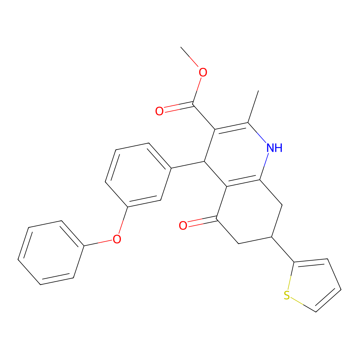 Methyl 2-methyl-5-oxo-4-(3-phenoxyphenyl)-7-(thiophen-2-yl)-1,4,5,6,7,8-hexahydroquinoline-3-carboxylate molecular structure, CAS 347317-85-5