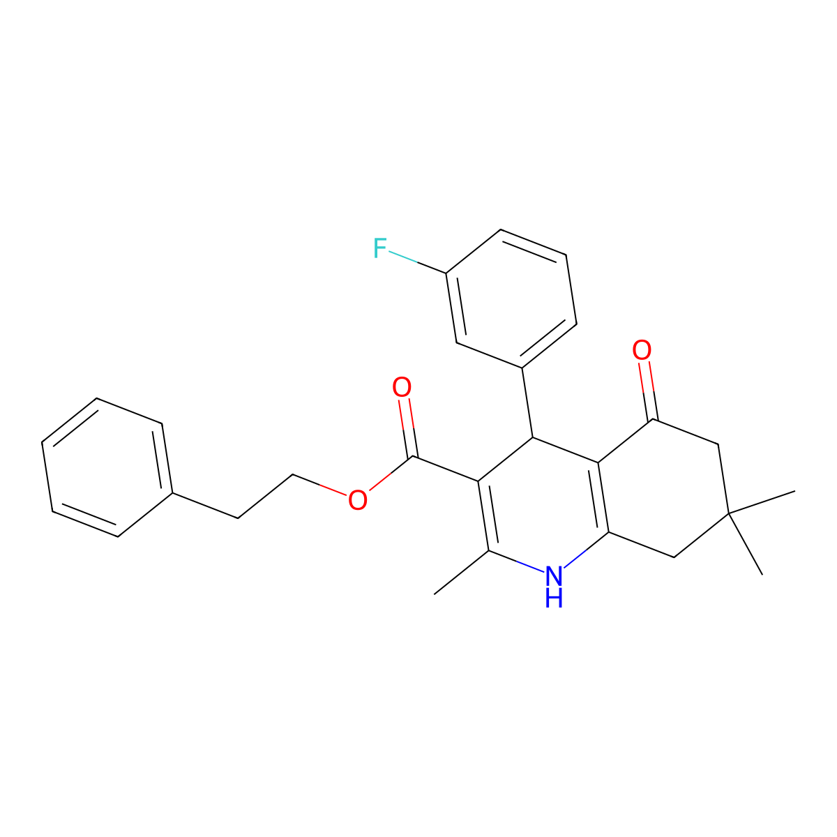 2-Phenylethyl 4-(3-fluorophenyl)-2,7,7-trimethyl-5-oxo-1,4,5,6,7,8-hexahydroquinoline-3-carboxylate molecular structure, CAS 347317-90-2