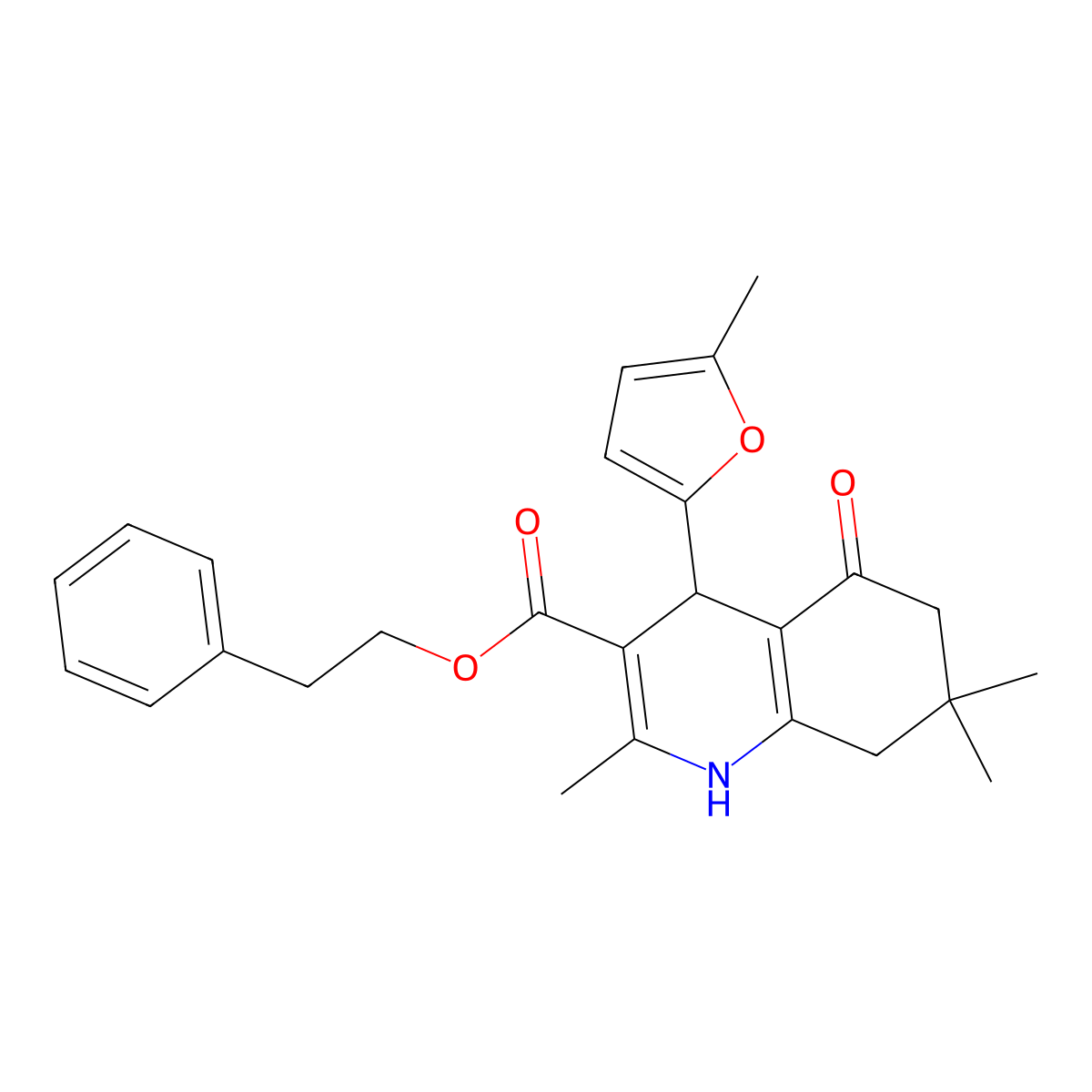 2-Phenylethyl 2,7,7-trimethyl-4-(5-methylfuran-2-yl)-5-oxo-1,4,5,6,7,8-hexahydroquinoline-3-carboxylate molecular structure, CAS 347319-52-2